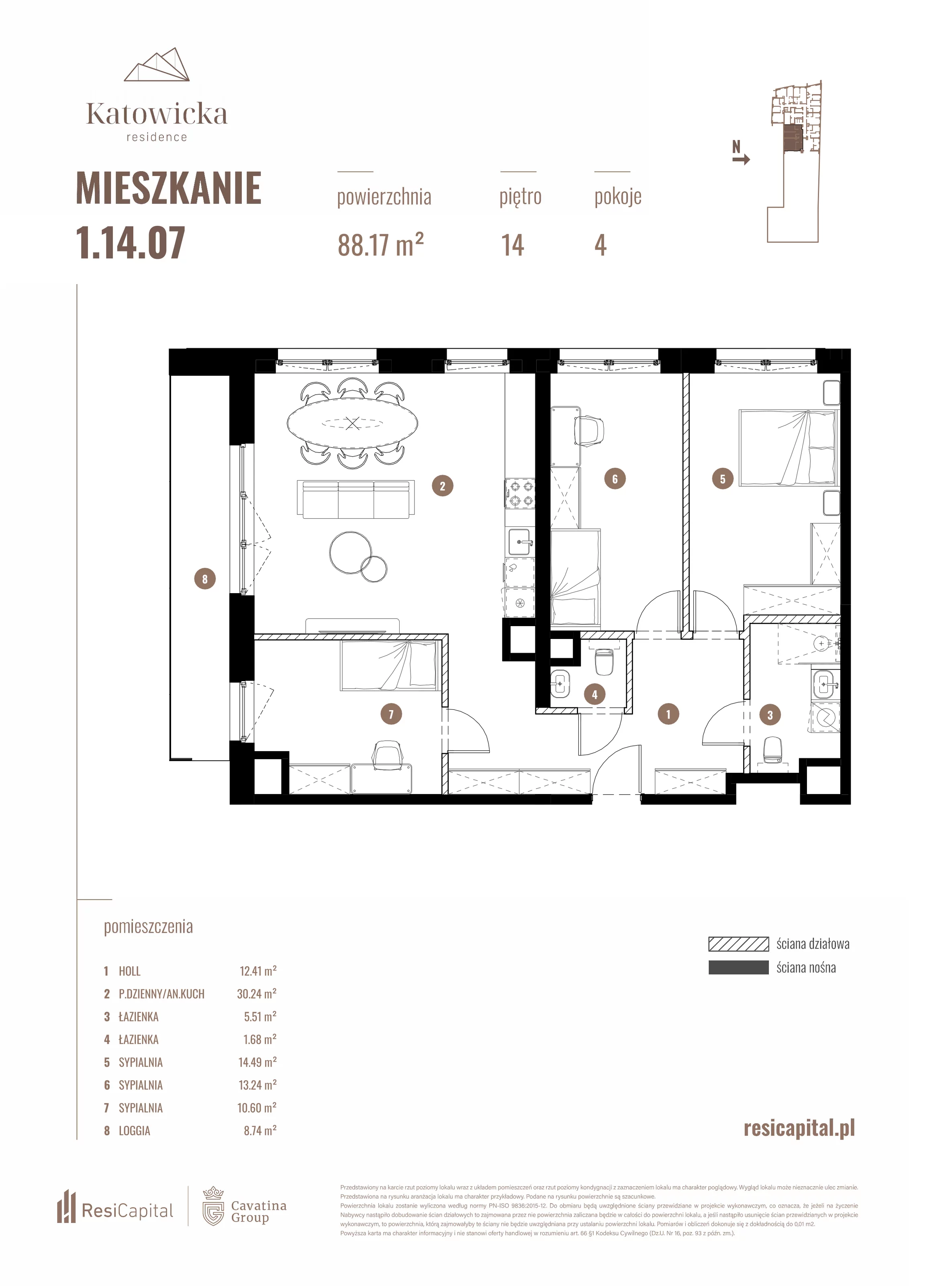 4 pokoje, apartament 88,17 m², piętro 14, oferta nr 1.14.07., Katowicka Residence, Katowice, Bogucice, ul. Katowicka