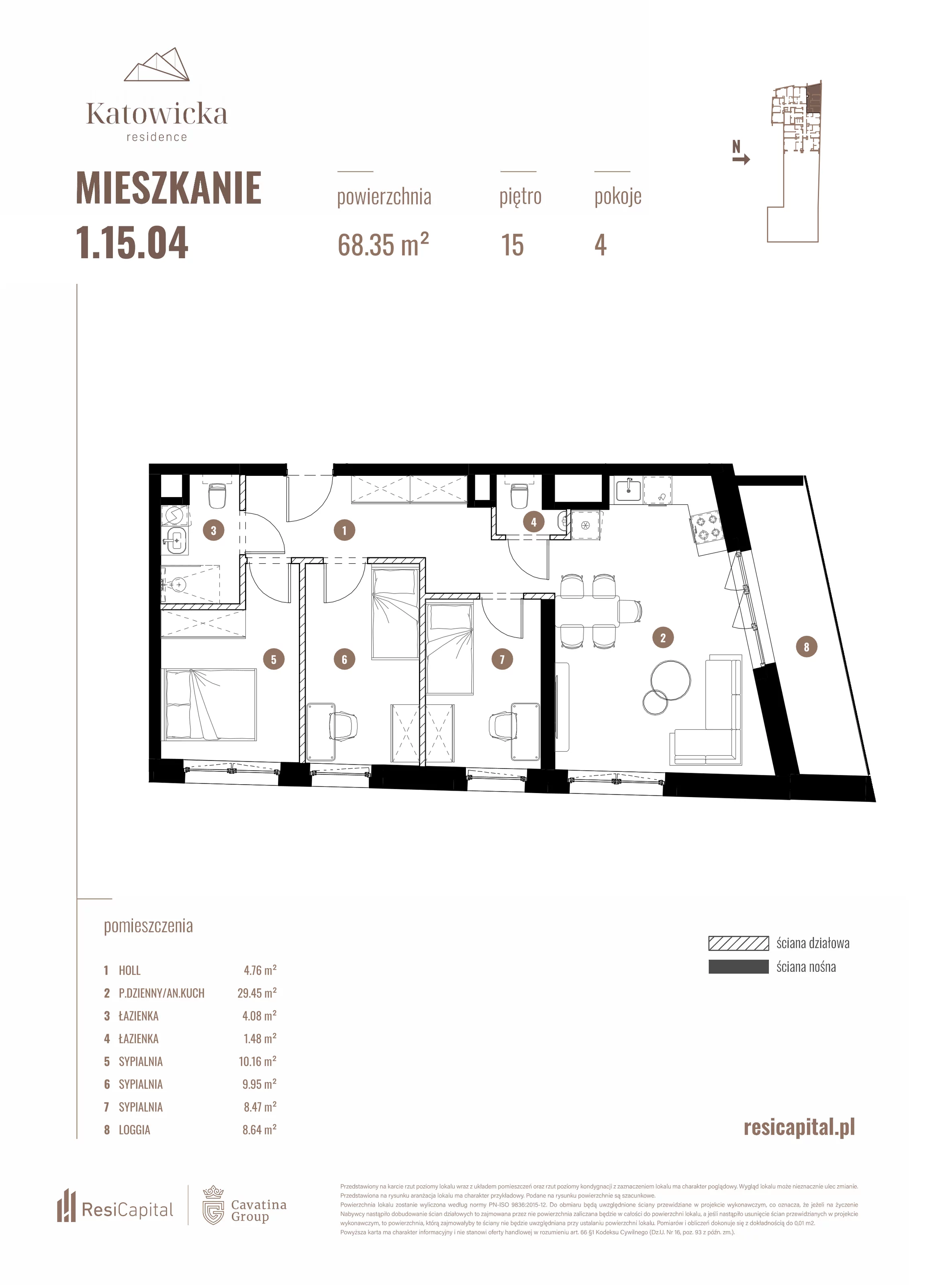 4 pokoje, apartament 68,35 m², piętro 15, oferta nr 1.15.04., Katowicka Residence, Katowice, Bogucice, ul. Katowicka