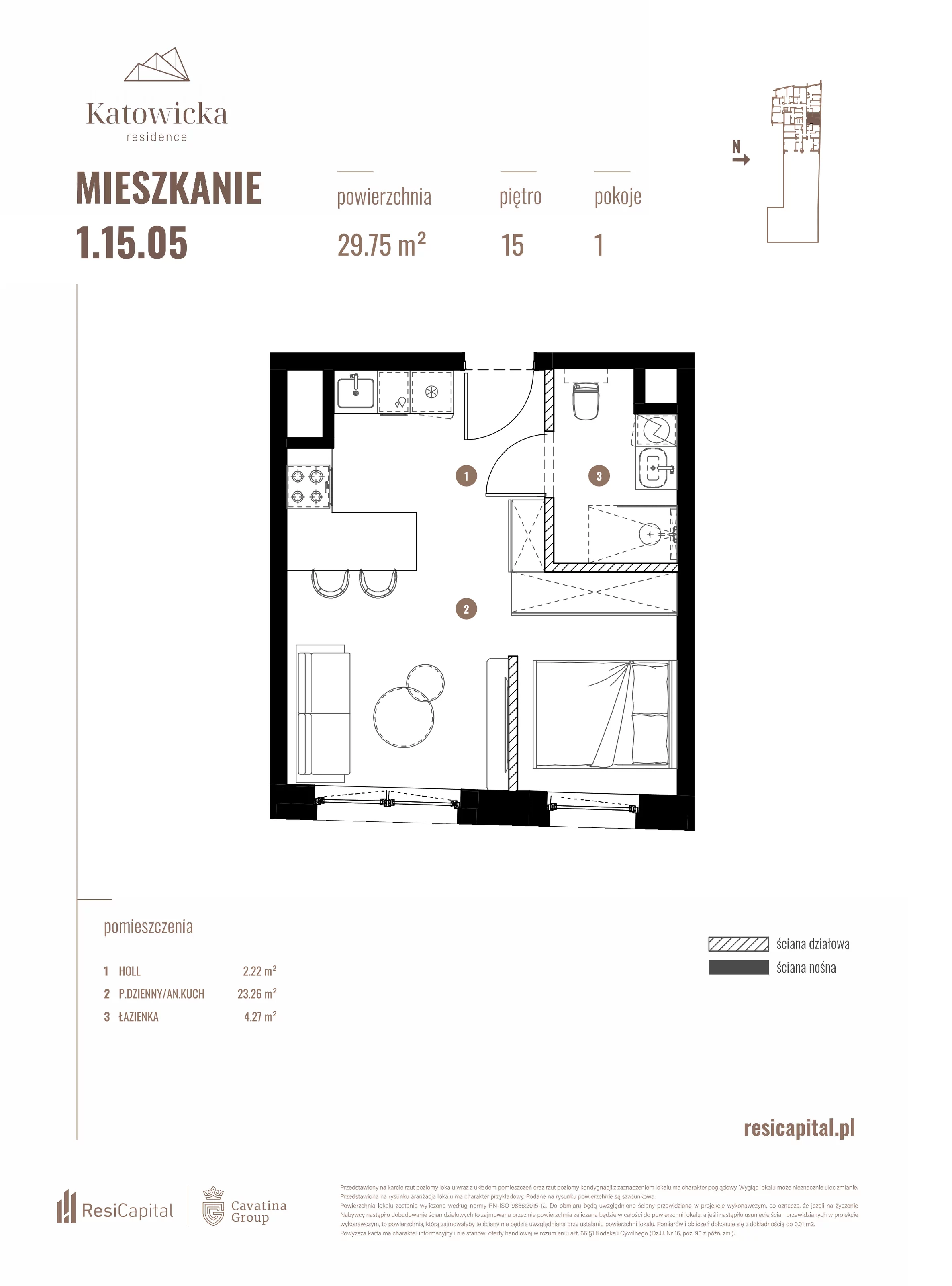 1 pokój, apartament 29,75 m², piętro 15, oferta nr 1.15.05., Katowicka Residence, Katowice, Bogucice, ul. Katowicka