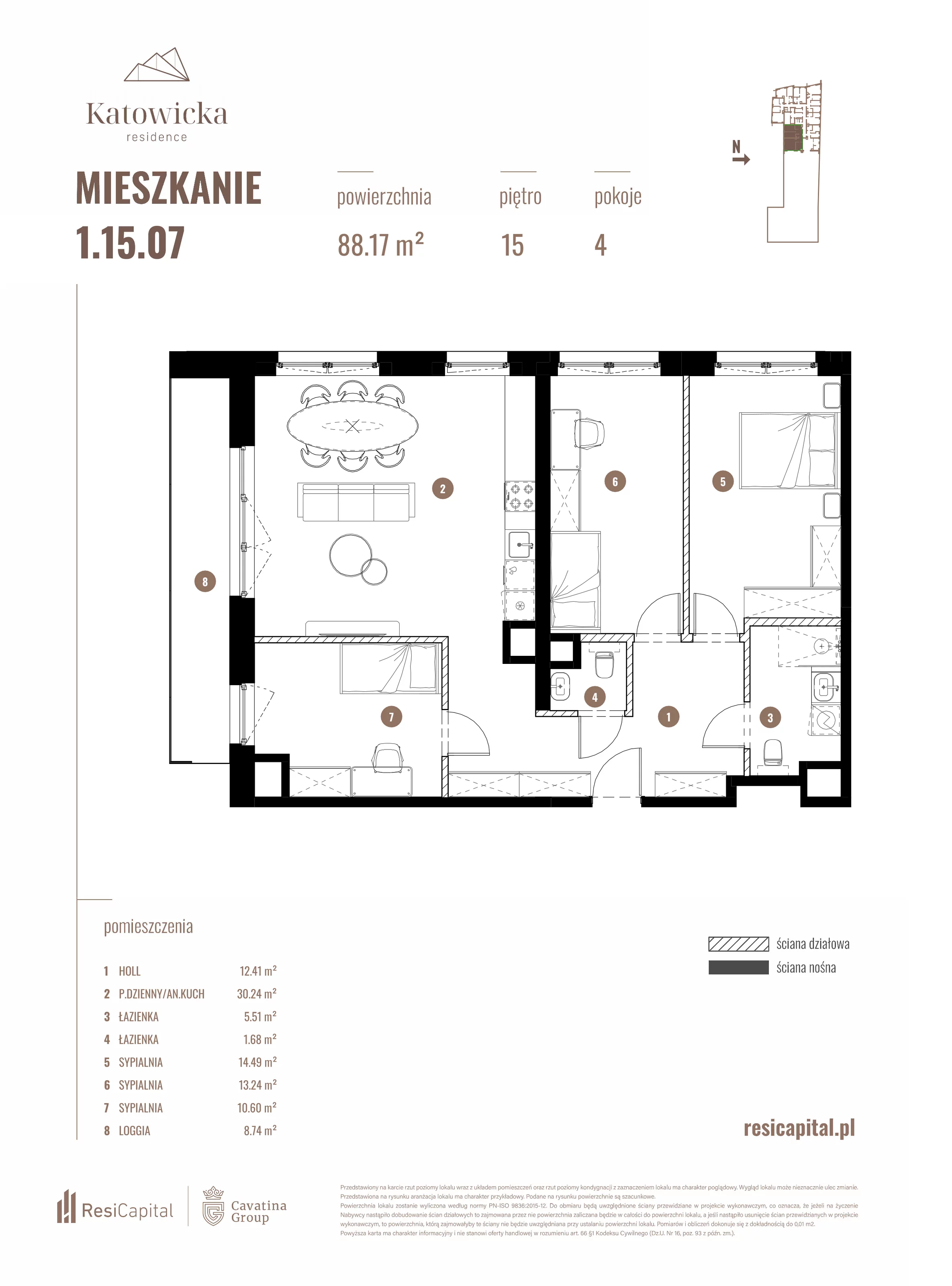 4 pokoje, apartament 88,17 m², piętro 15, oferta nr 1.15.07., Katowicka Residence, Katowice, Bogucice, ul. Katowicka