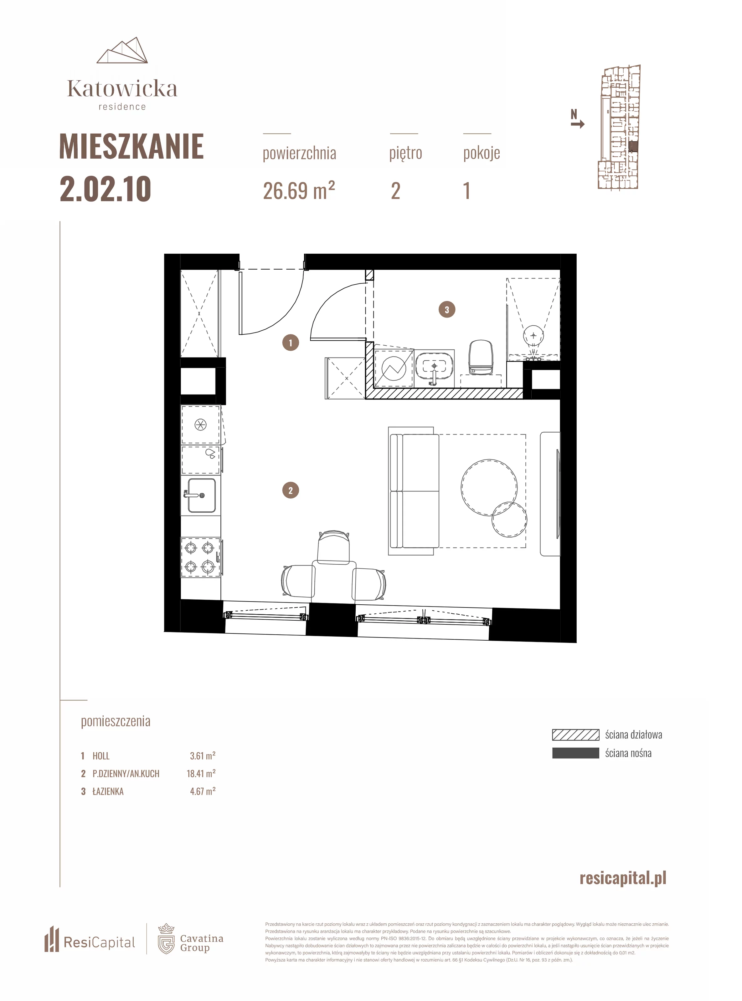 1 pokój, apartament 26,69 m², piętro 2, oferta nr 2.02.10., Katowicka Residence, Katowice, Bogucice, ul. Katowicka