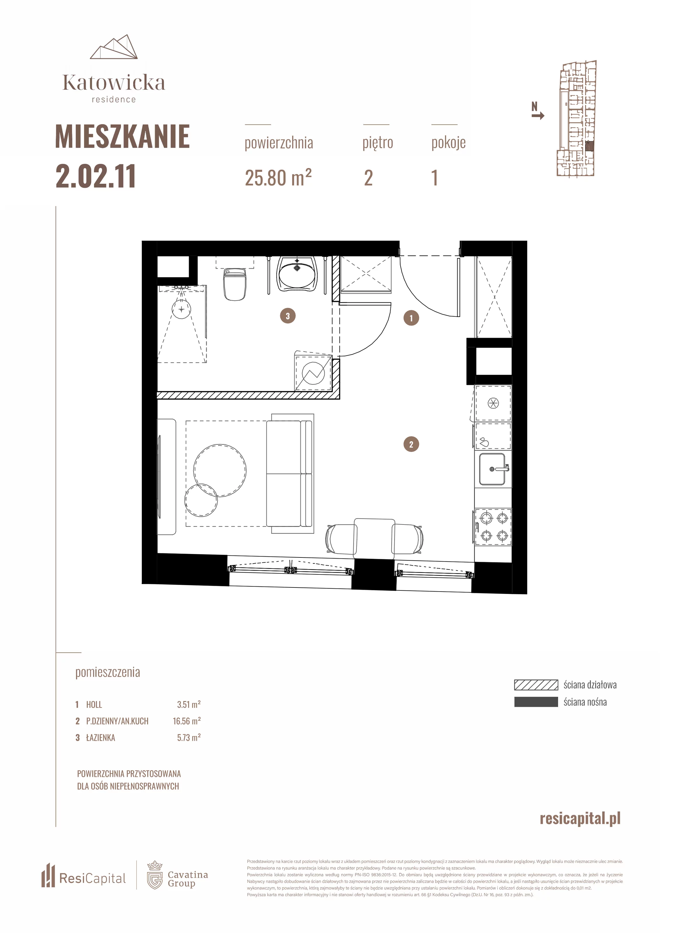 1 pokój, apartament 25,80 m², piętro 2, oferta nr 2.02.11., Katowicka Residence, Katowice, Bogucice, ul. Katowicka