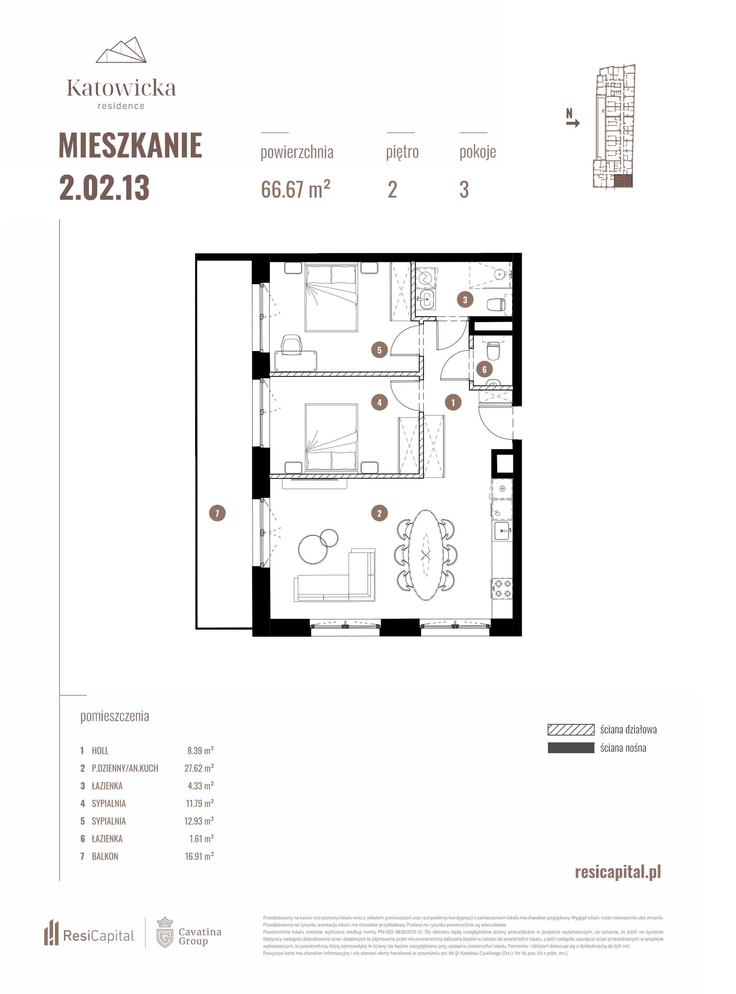 3 pokoje, apartament 66,67 m², piętro 2, oferta nr 2.02.13., Katowicka Residence, Katowice, Bogucice, ul. Katowicka