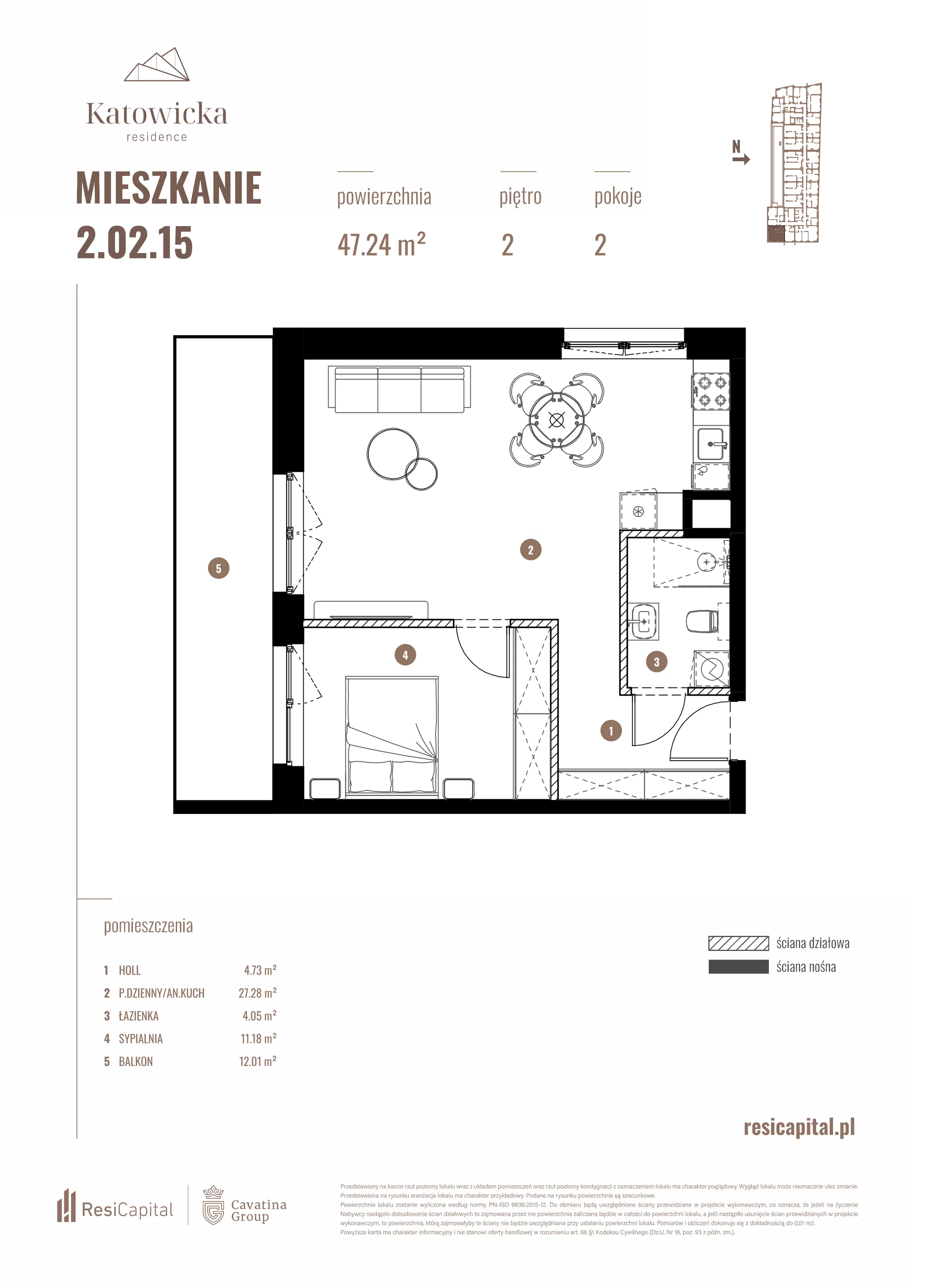 2 pokoje, apartament 47,24 m², piętro 2, oferta nr 2.02.15., Katowicka Residence, Katowice, Bogucice, ul. Katowicka