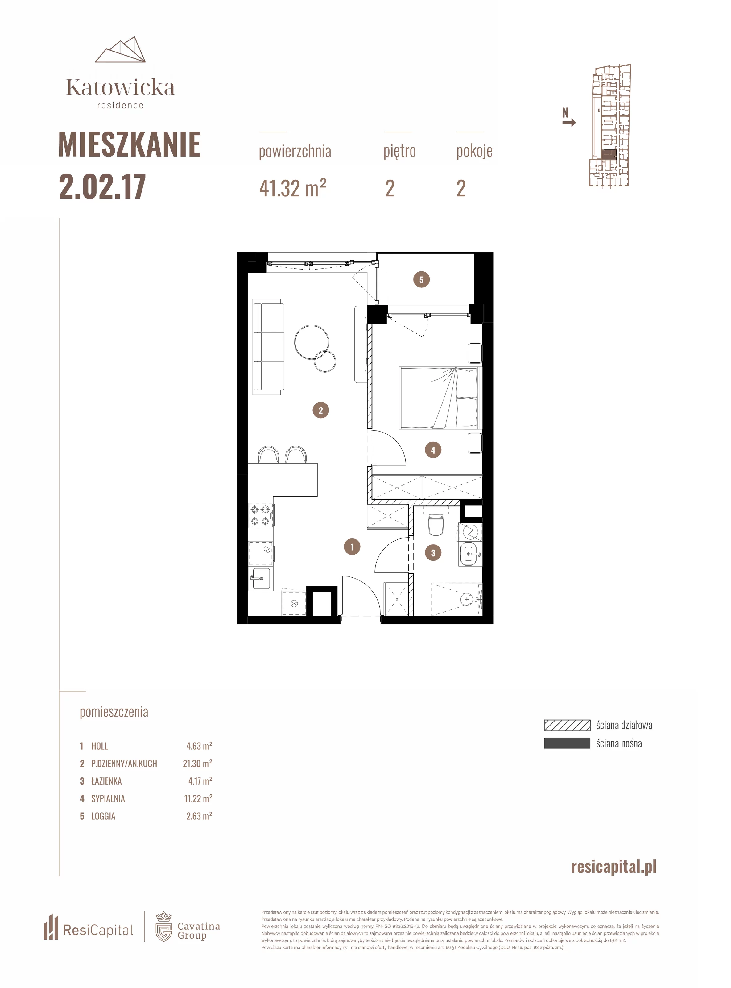 2 pokoje, apartament 41,32 m², piętro 2, oferta nr 2.02.17., Katowicka Residence, Katowice, Bogucice, ul. Katowicka