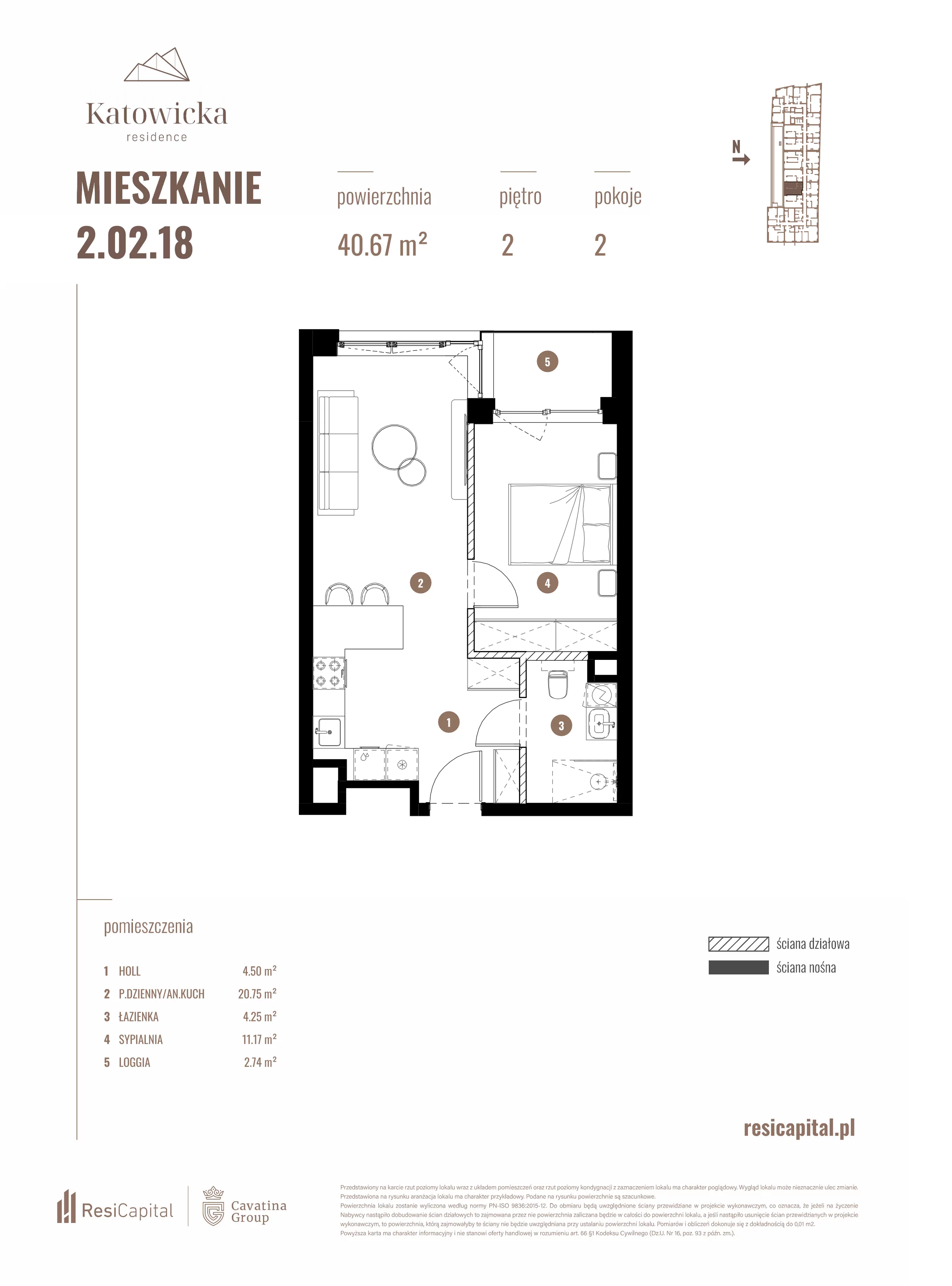2 pokoje, apartament 40,67 m², piętro 2, oferta nr 2.02.18., Katowicka Residence, Katowice, Bogucice, ul. Katowicka