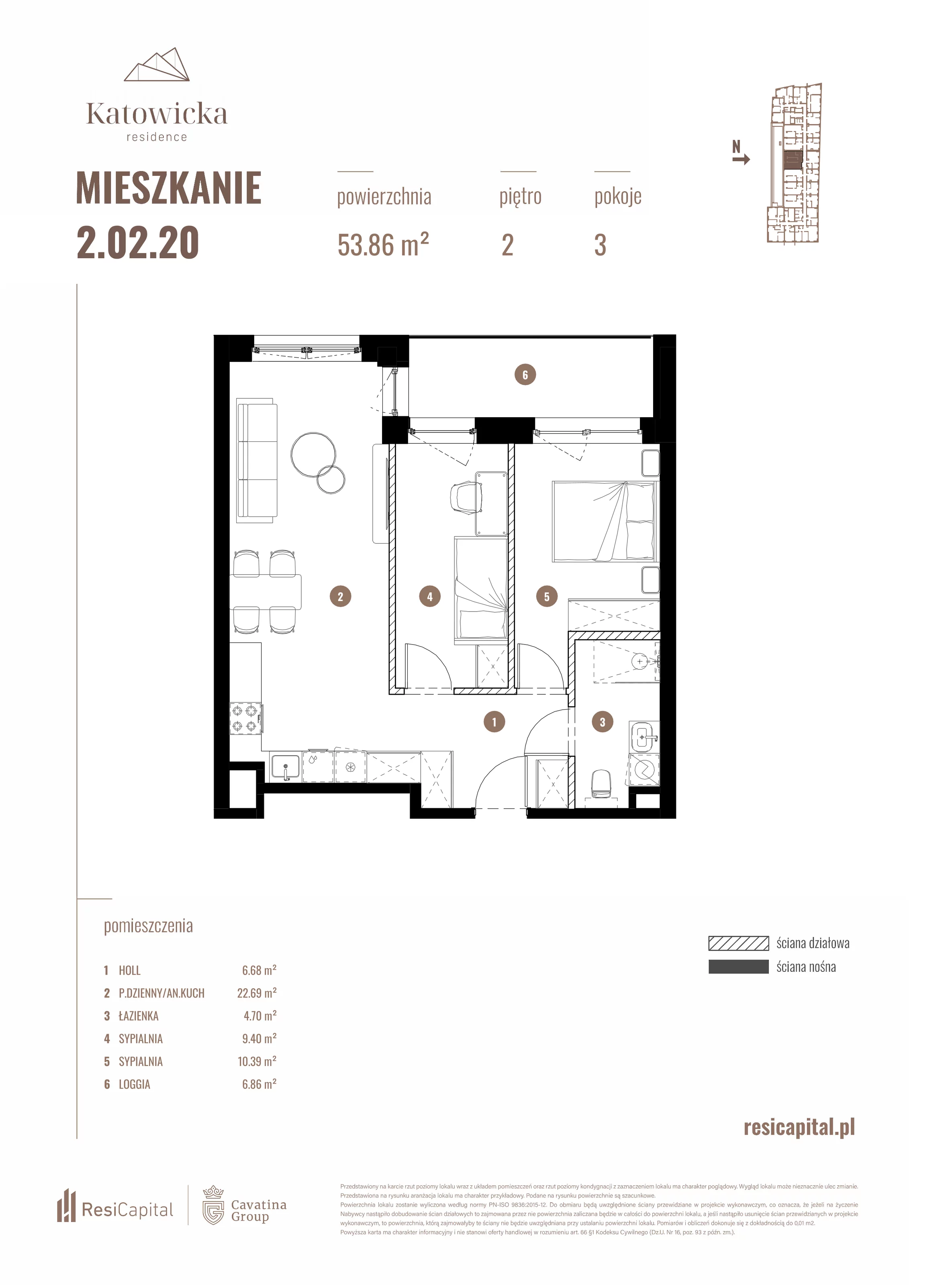 3 pokoje, apartament 53,86 m², piętro 2, oferta nr 2.02.20., Katowicka Residence, Katowice, Bogucice, ul. Katowicka