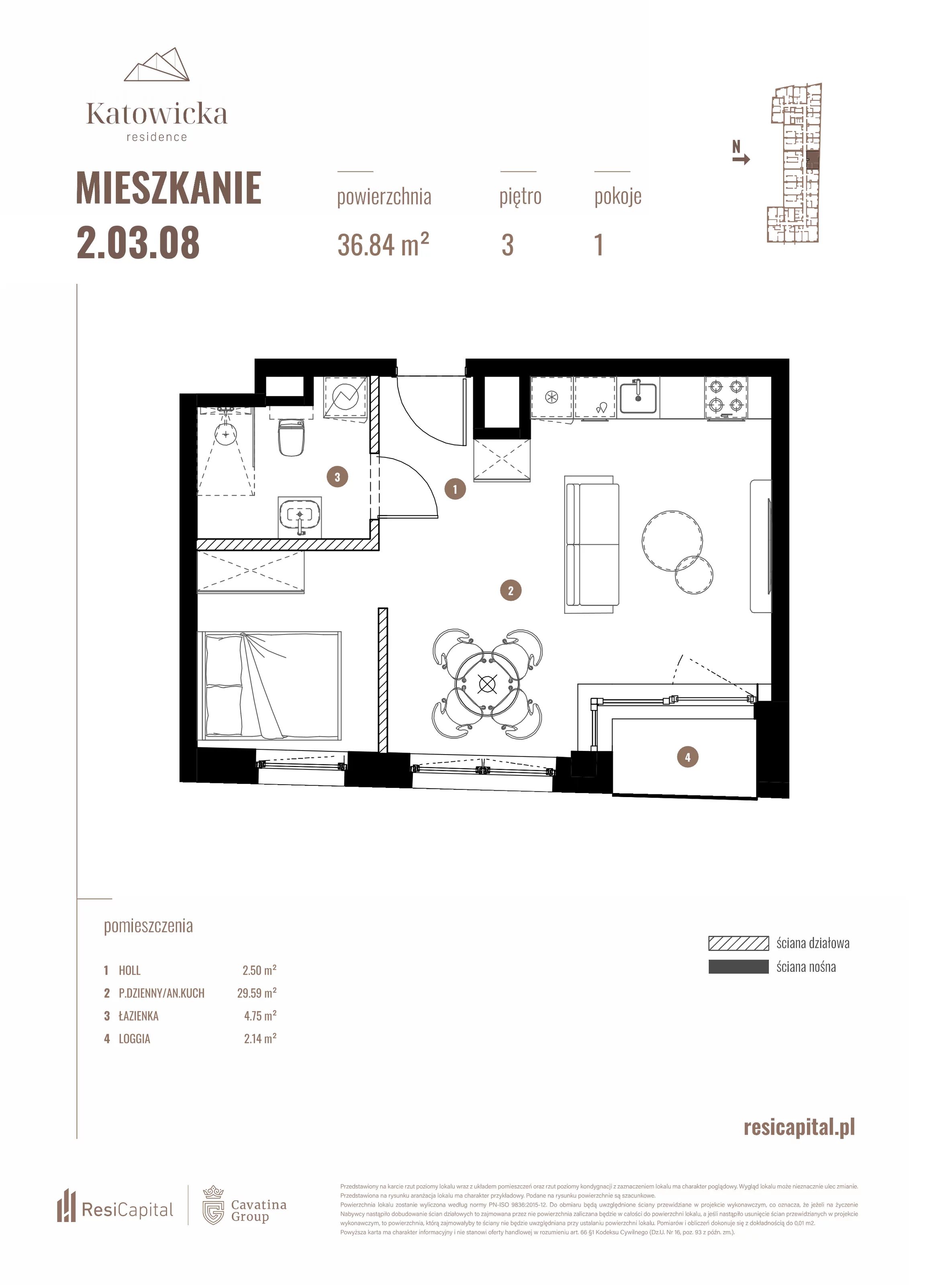 1 pokój, apartament 36,84 m², piętro 3, oferta nr 2.03.08., Katowicka Residence, Katowice, Bogucice, ul. Katowicka