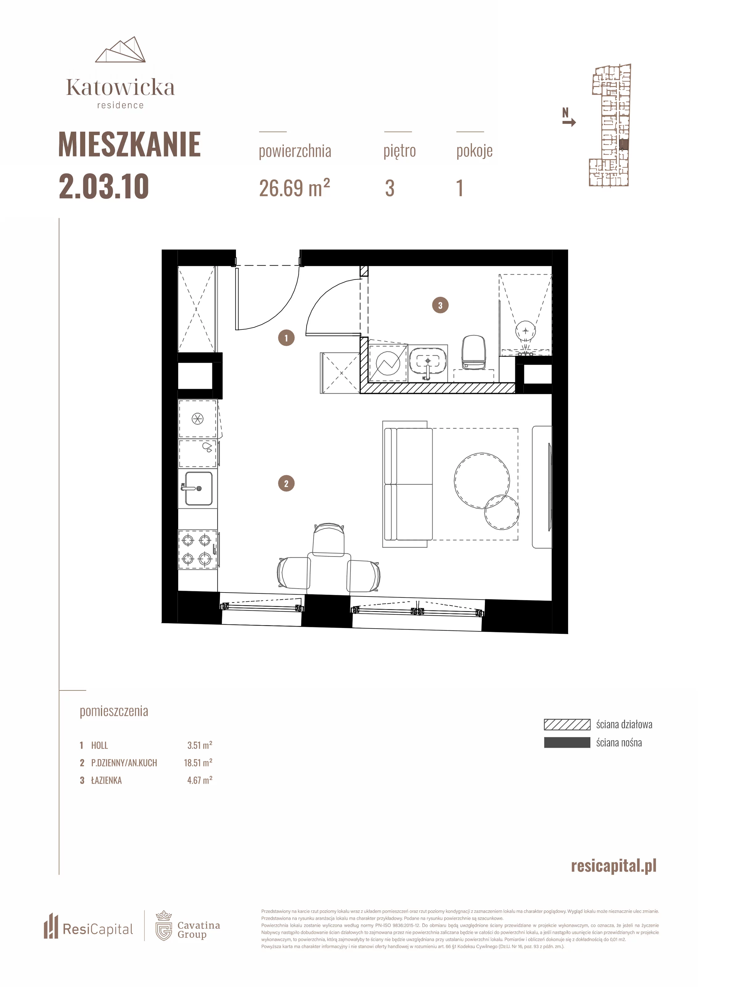 1 pokój, apartament 26,69 m², piętro 3, oferta nr 2.03.10., Katowicka Residence, Katowice, Bogucice, ul. Katowicka