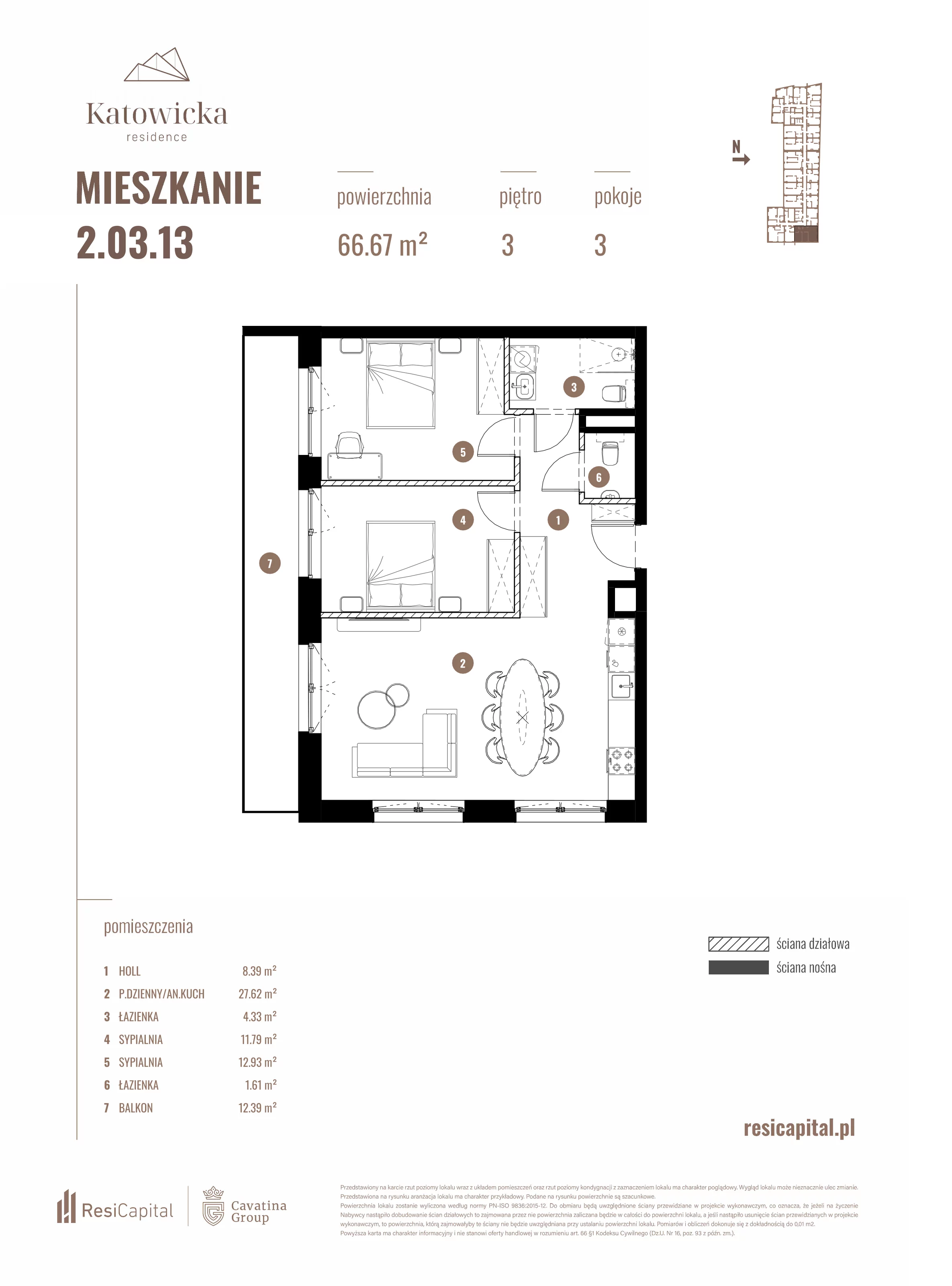 3 pokoje, apartament 66,67 m², piętro 3, oferta nr 2.03.13., Katowicka Residence, Katowice, Bogucice, ul. Katowicka