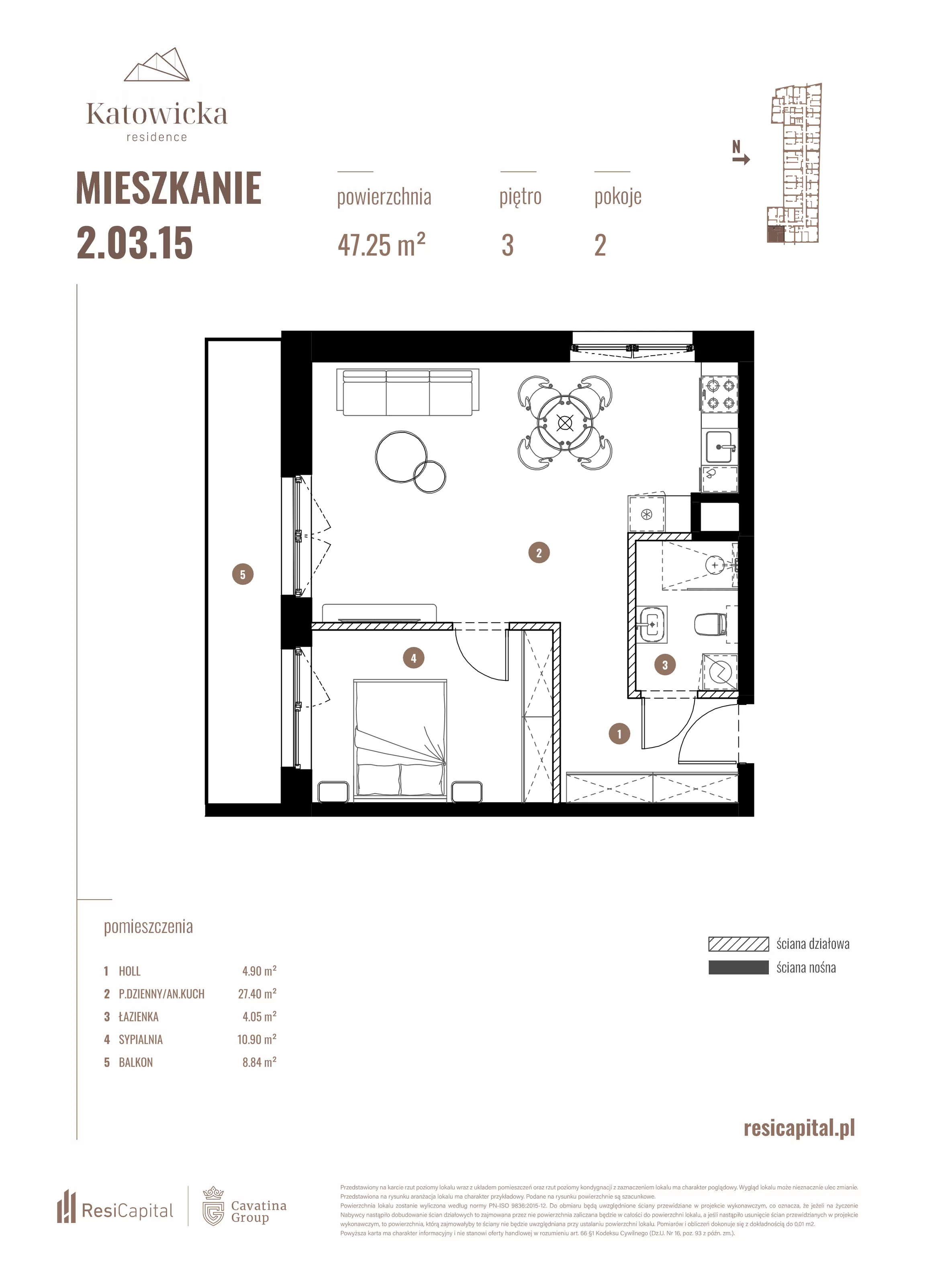 2 pokoje, apartament 47,25 m², piętro 3, oferta nr 2.03.15., Katowicka Residence, Katowice, Bogucice, ul. Katowicka