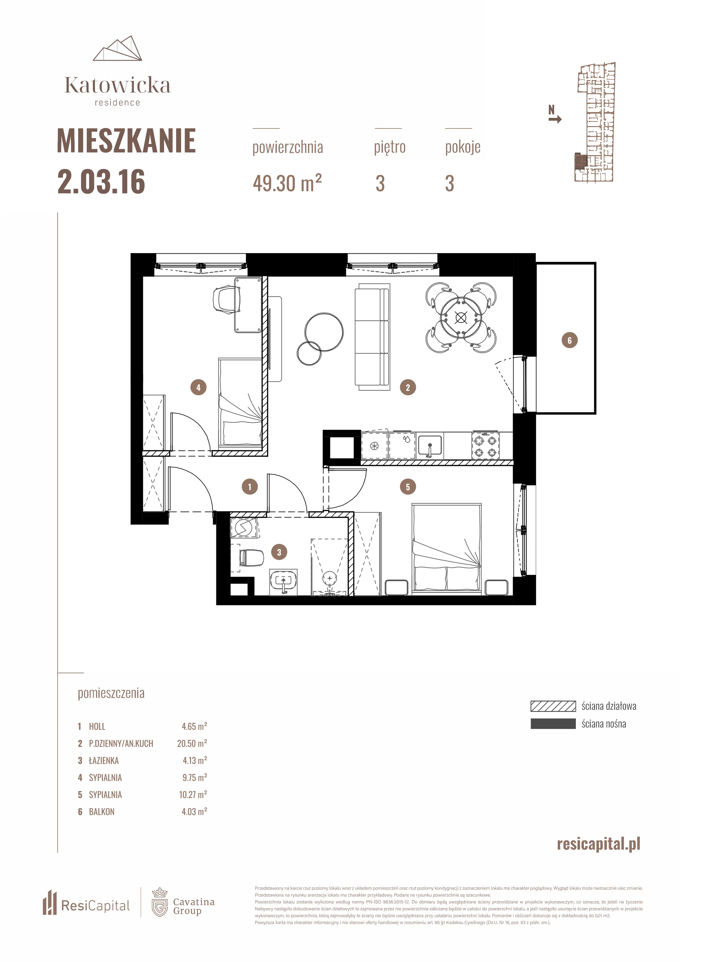 3 pokoje, apartament 49,30 m², piętro 3, oferta nr 2.03.16., Katowicka Residence, Katowice, Bogucice, ul. Katowicka