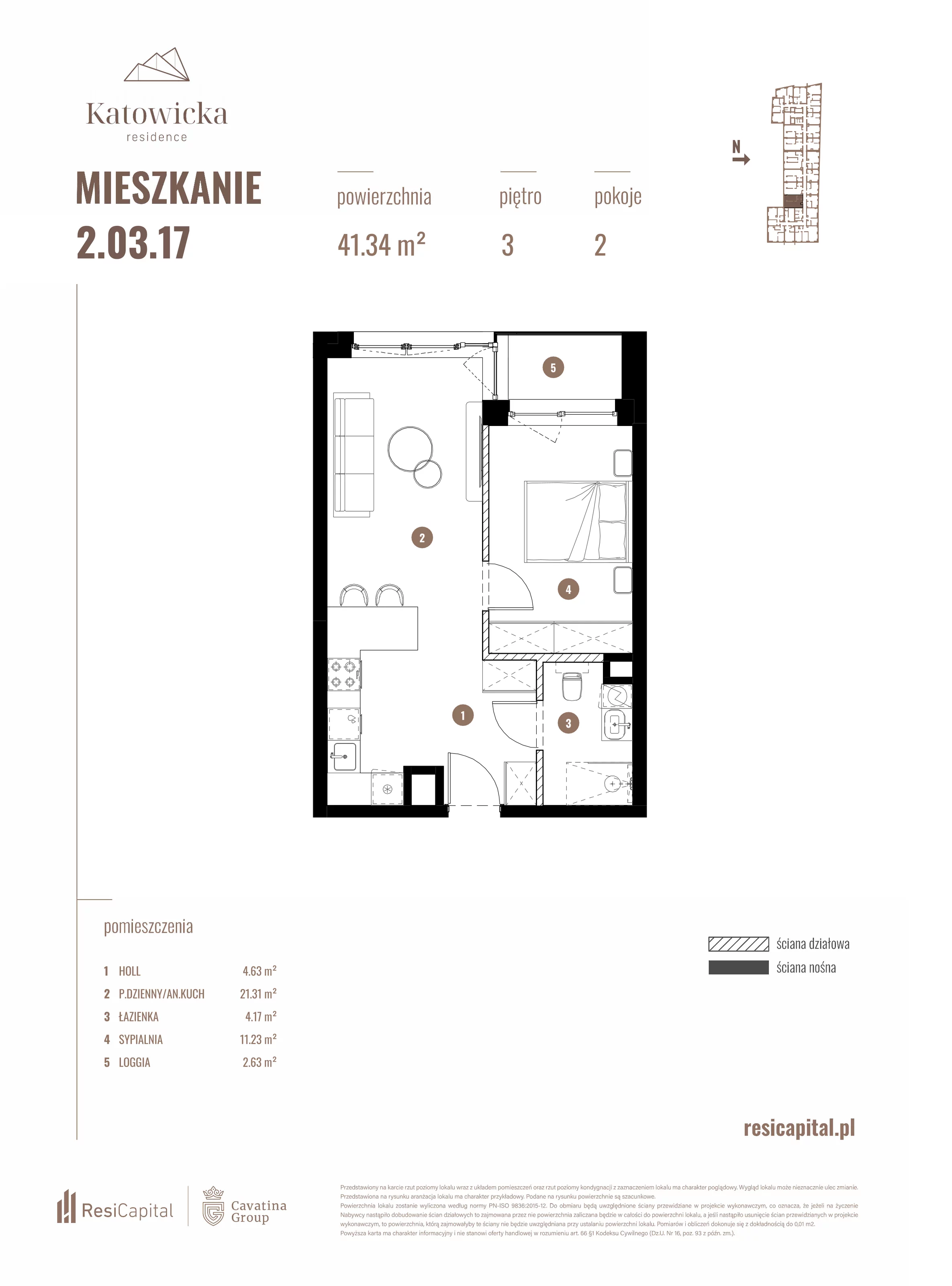 2 pokoje, apartament 41,34 m², piętro 3, oferta nr 2.03.17., Katowicka Residence, Katowice, Bogucice, ul. Katowicka