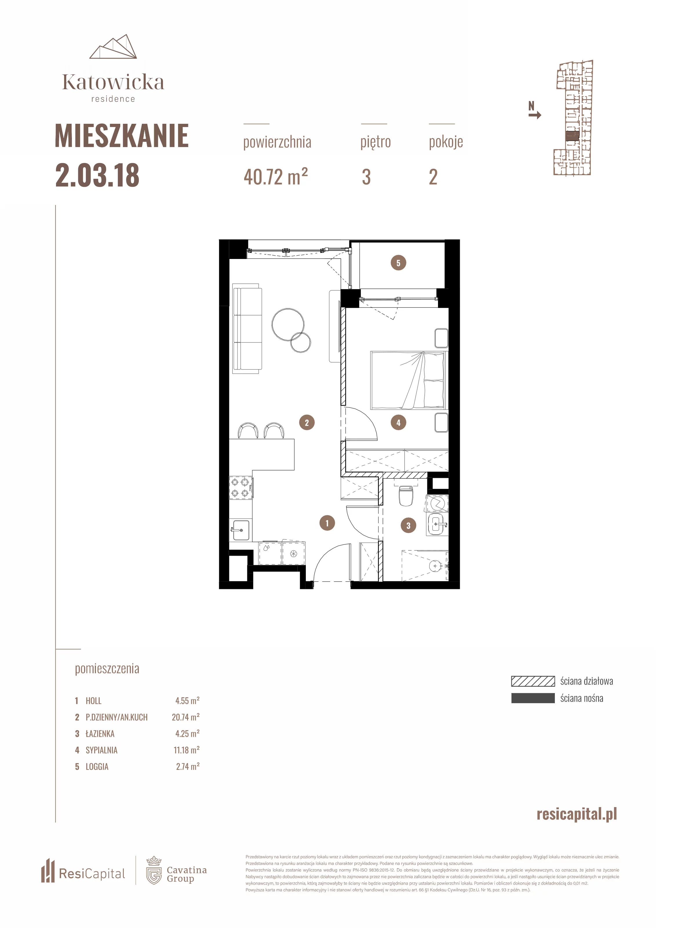 2 pokoje, apartament 40,72 m², piętro 3, oferta nr 2.03.18., Katowicka Residence, Katowice, Bogucice, ul. Katowicka