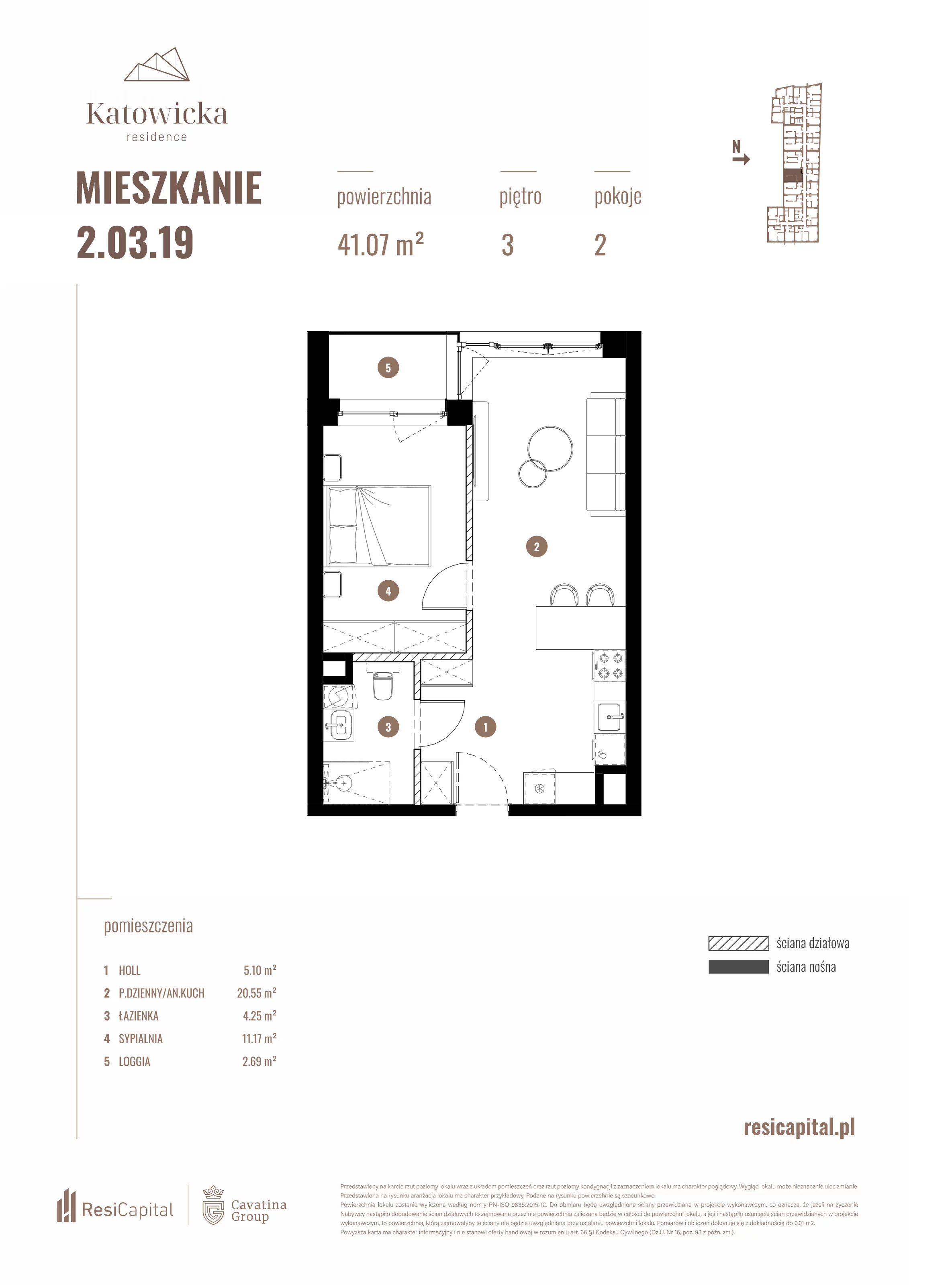 2 pokoje, apartament 41,07 m², piętro 3, oferta nr 2.03.19., Katowicka Residence, Katowice, Bogucice, ul. Katowicka