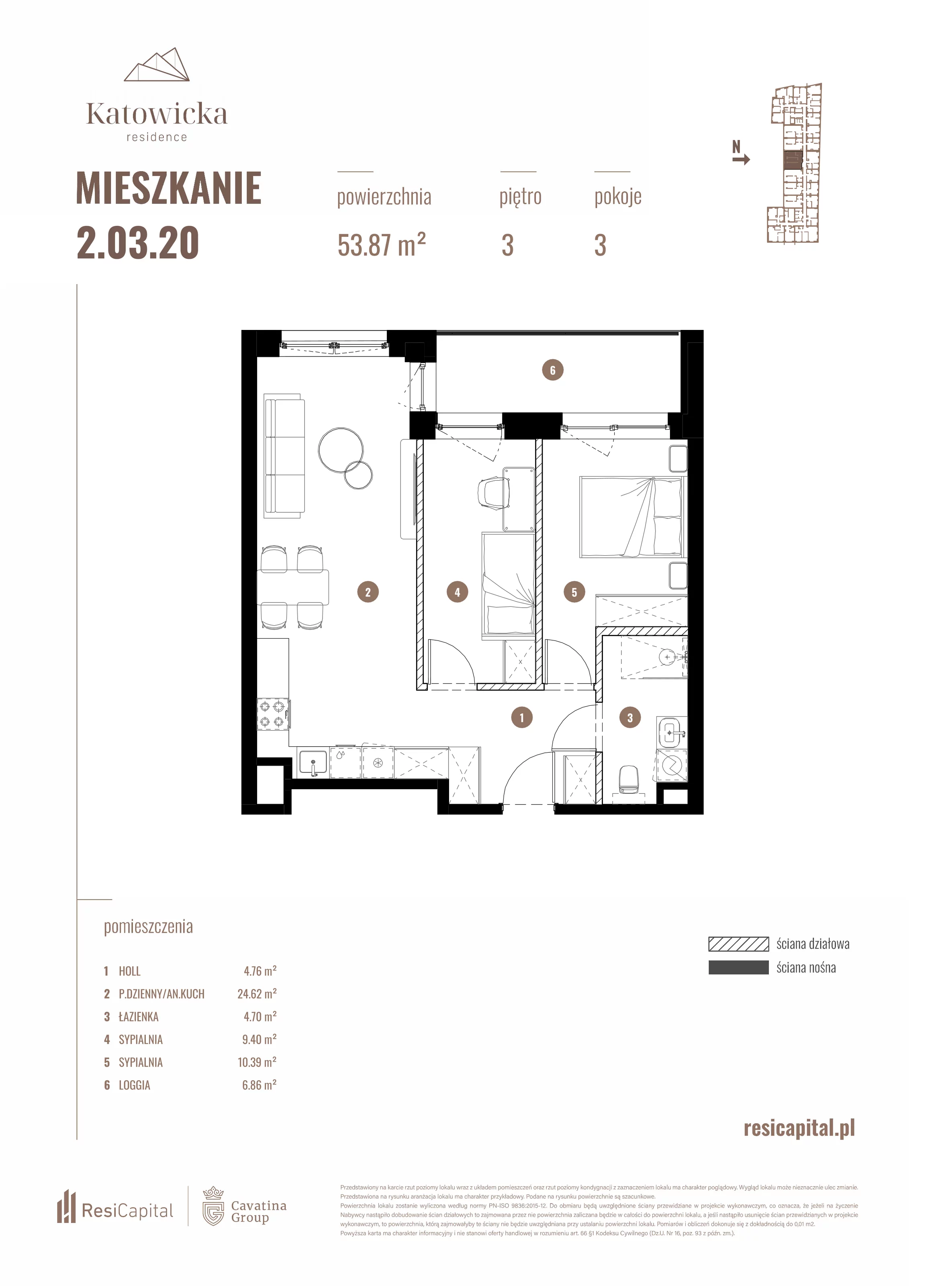 3 pokoje, apartament 53,87 m², piętro 3, oferta nr 2.03.20., Katowicka Residence, Katowice, Bogucice, ul. Katowicka
