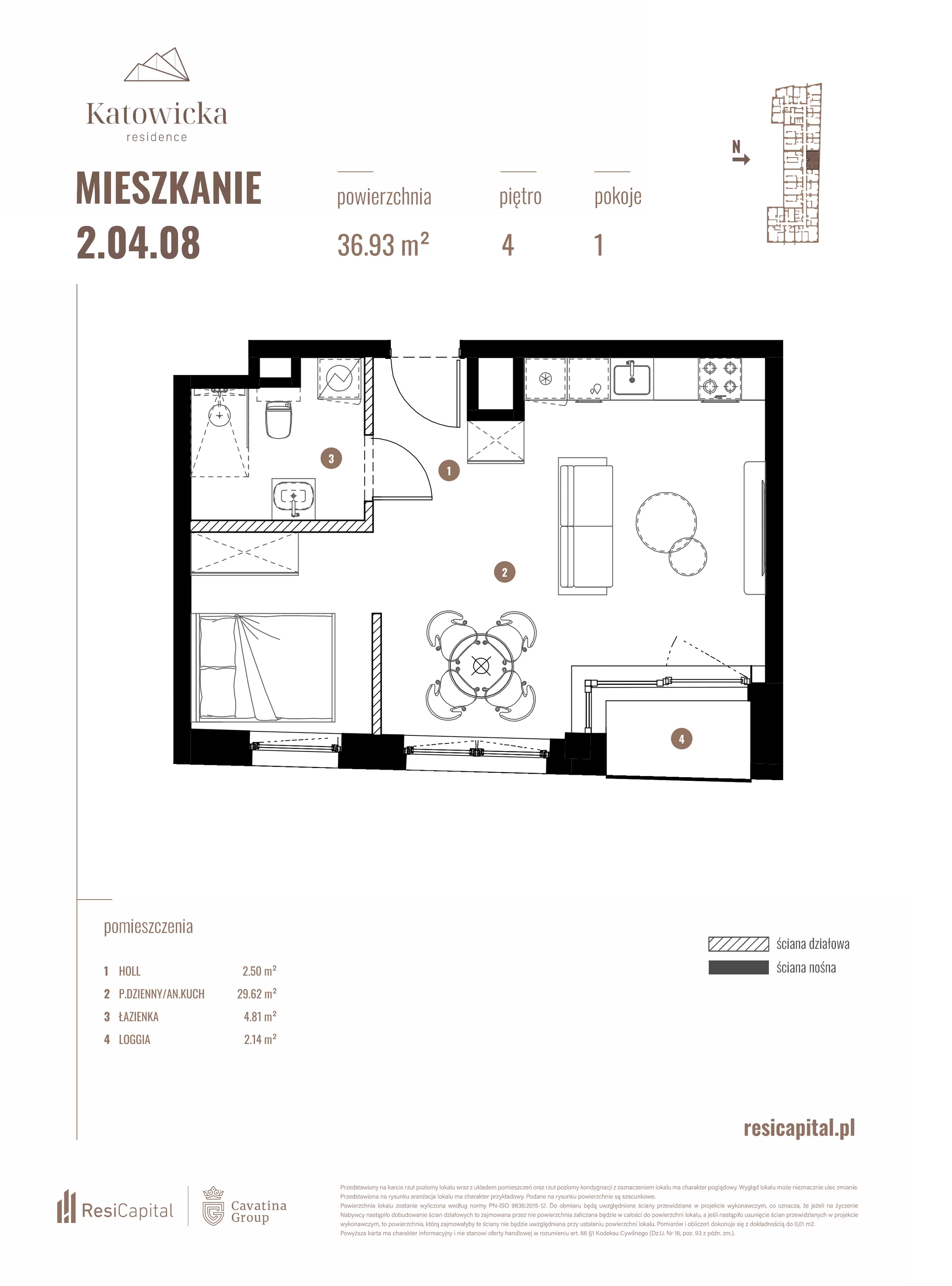 1 pokój, apartament 36,93 m², piętro 4, oferta nr 2.04.08., Katowicka Residence, Katowice, Bogucice, ul. Katowicka