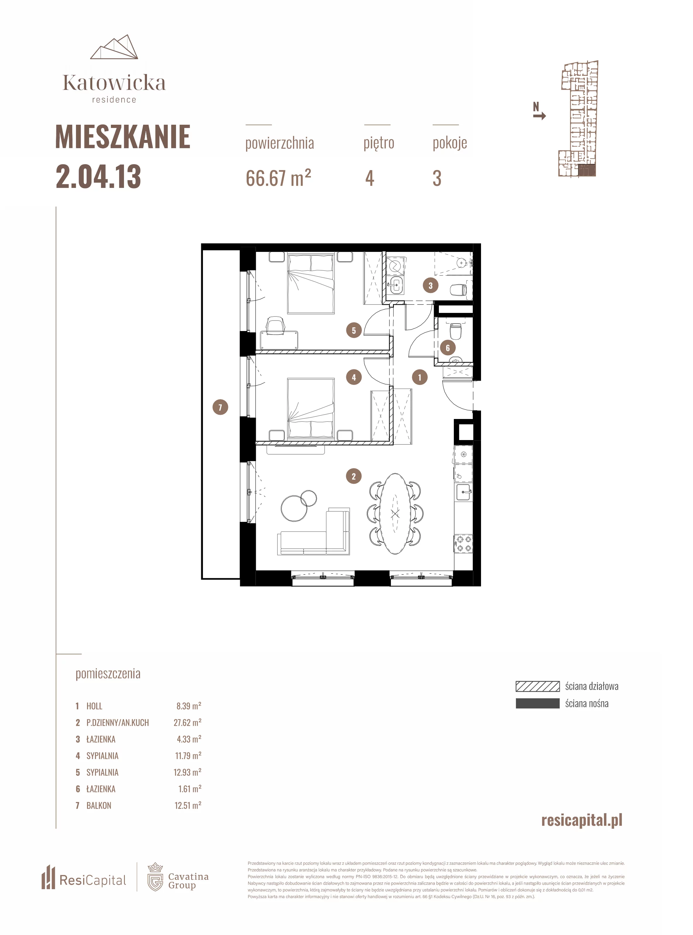 3 pokoje, apartament 66,67 m², piętro 4, oferta nr 2.04.13., Katowicka Residence, Katowice, Bogucice, ul. Katowicka