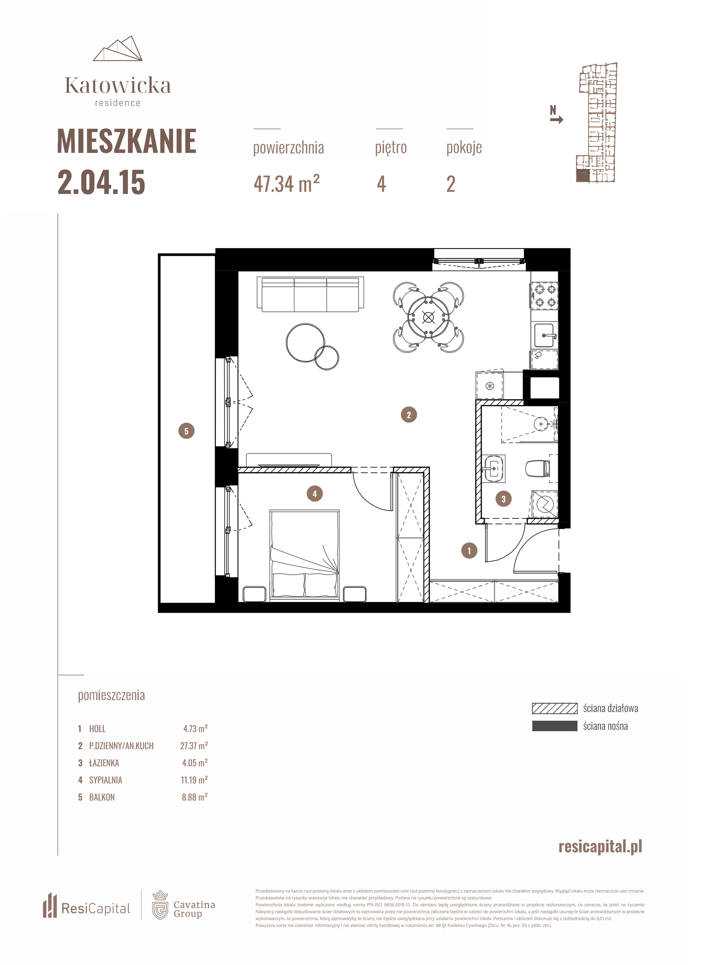 2 pokoje, apartament 47,34 m², piętro 4, oferta nr 2.04.15., Katowicka Residence, Katowice, Bogucice, ul. Katowicka