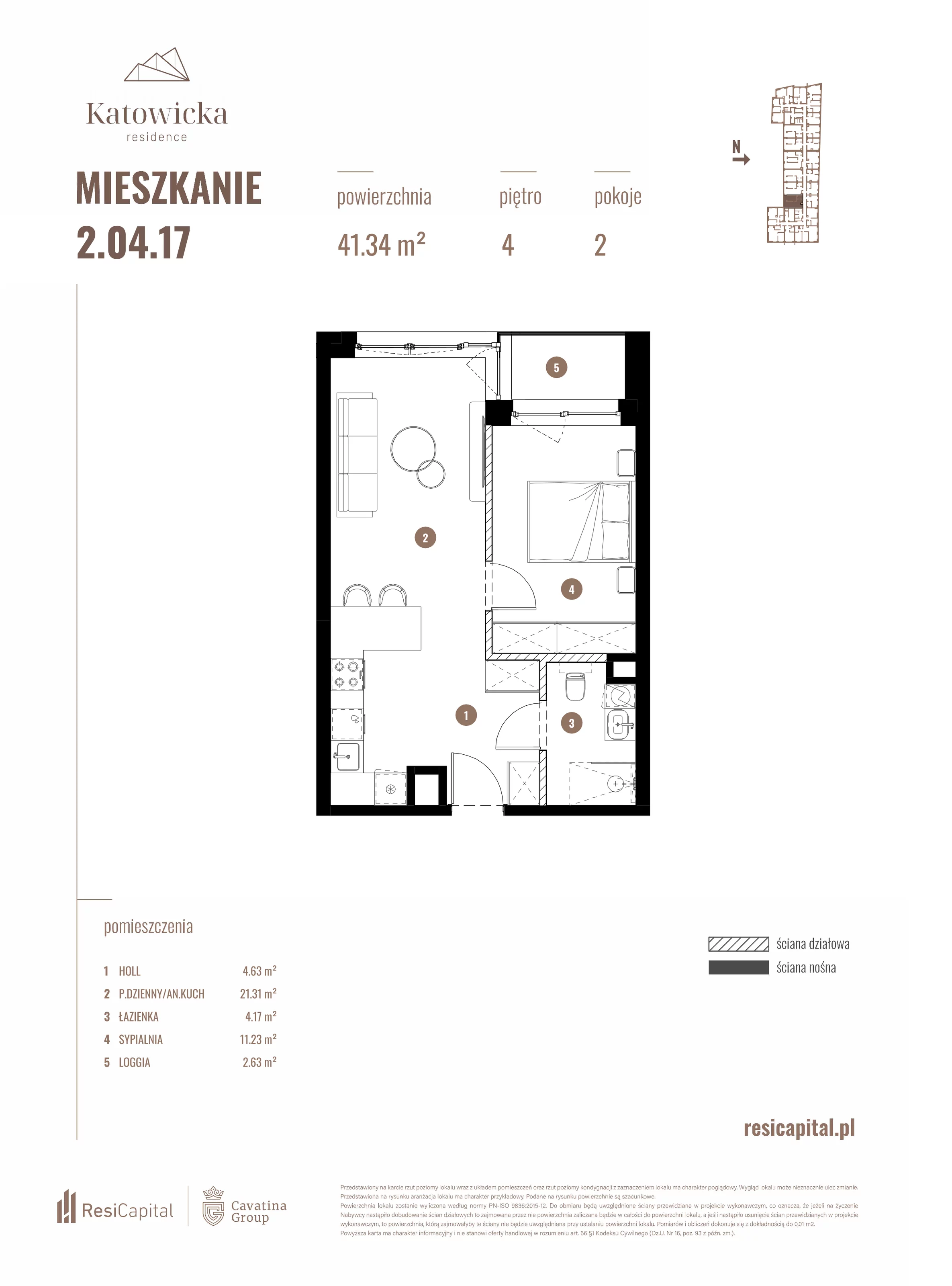 2 pokoje, apartament 41,34 m², piętro 4, oferta nr 2.04.17., Katowicka Residence, Katowice, Bogucice, ul. Katowicka
