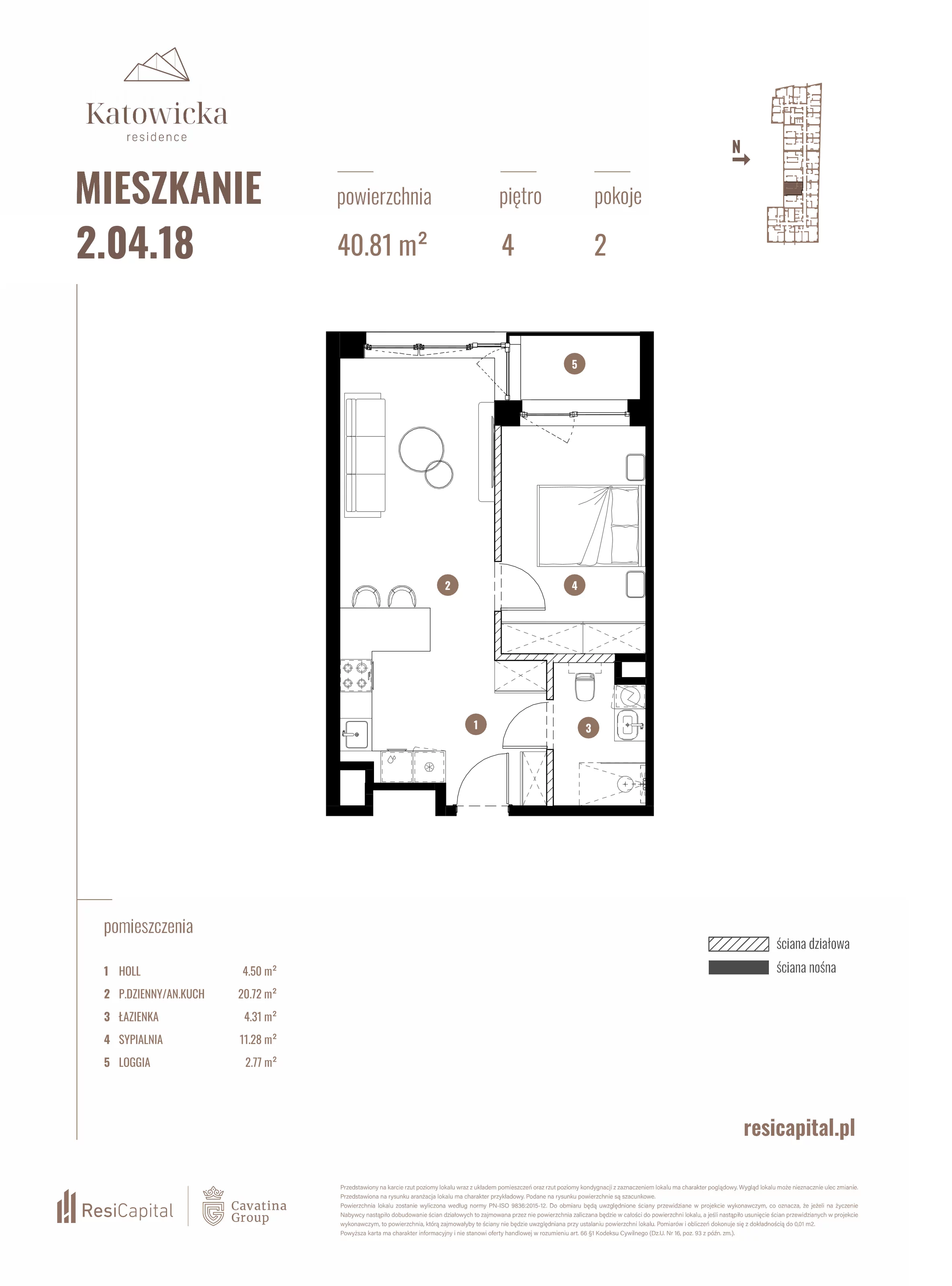 2 pokoje, apartament 40,81 m², piętro 4, oferta nr 2.04.18., Katowicka Residence, Katowice, Bogucice, ul. Katowicka