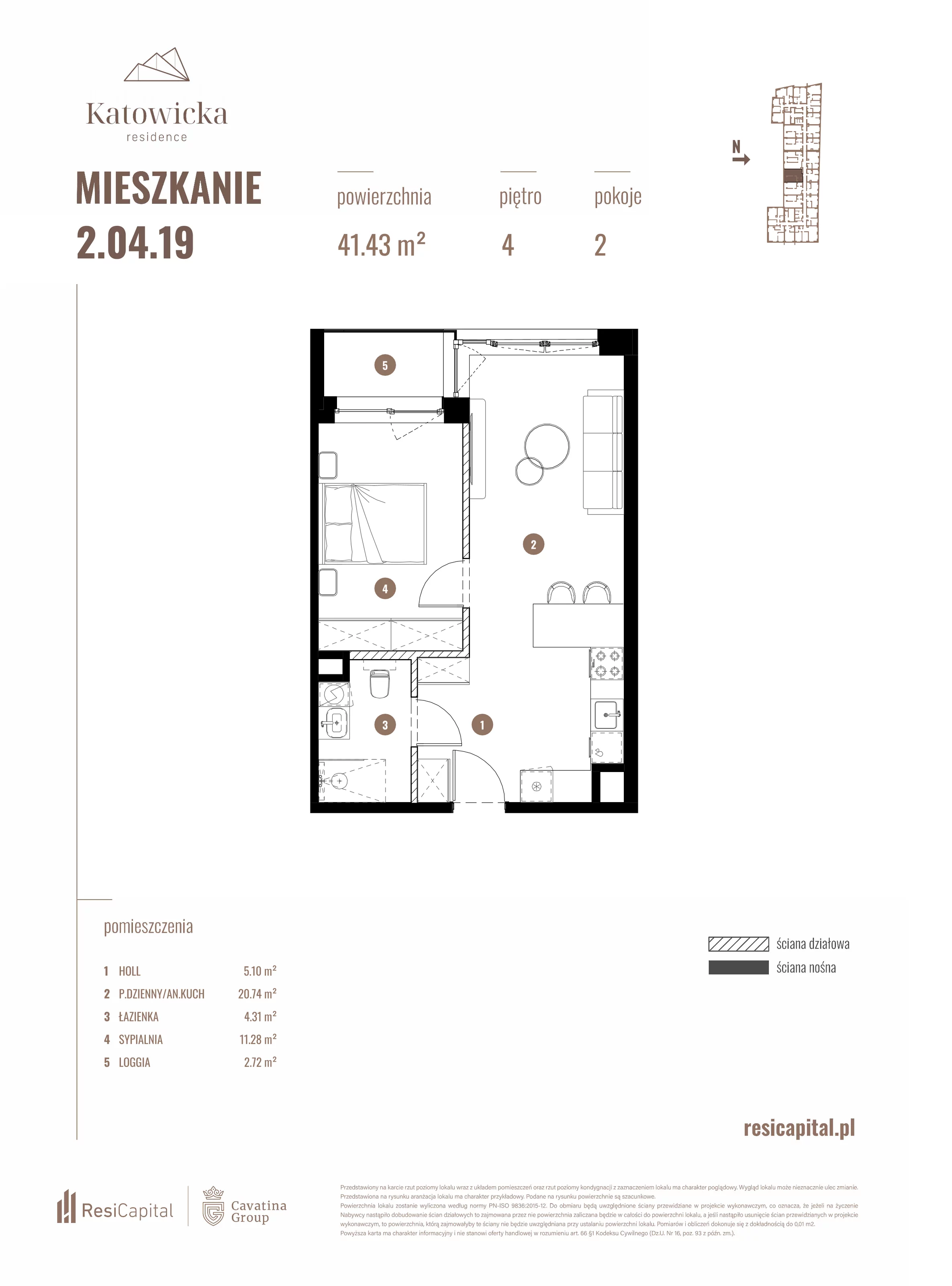 2 pokoje, apartament 41,43 m², piętro 4, oferta nr 2.04.19., Katowicka Residence, Katowice, Bogucice, ul. Katowicka
