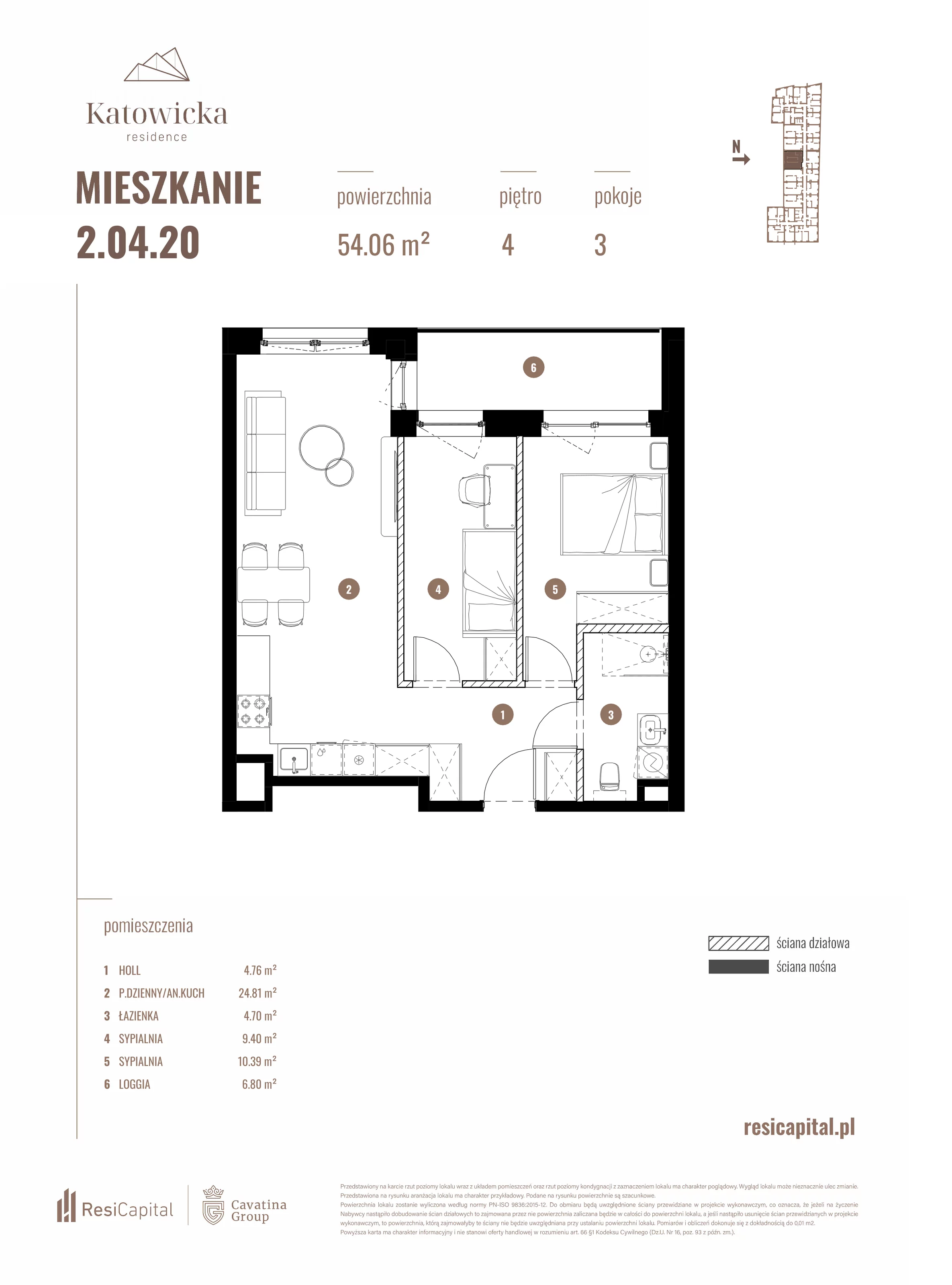 3 pokoje, apartament 54,06 m², piętro 4, oferta nr 2.04.20., Katowicka Residence, Katowice, Bogucice, ul. Katowicka