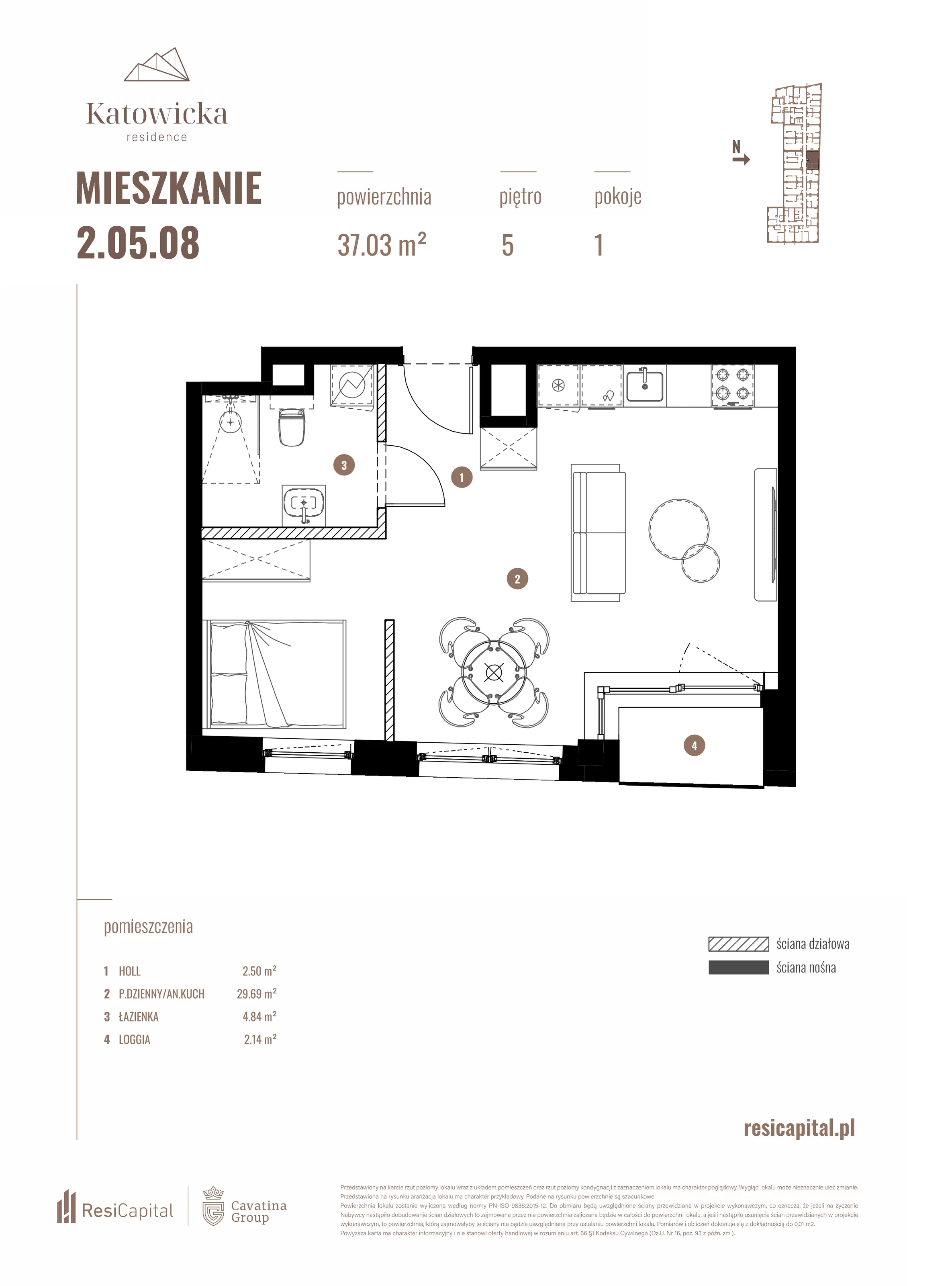 1 pokój, apartament 37,03 m², piętro 5, oferta nr 2.05.08., Katowicka Residence, Katowice, Bogucice, ul. Katowicka