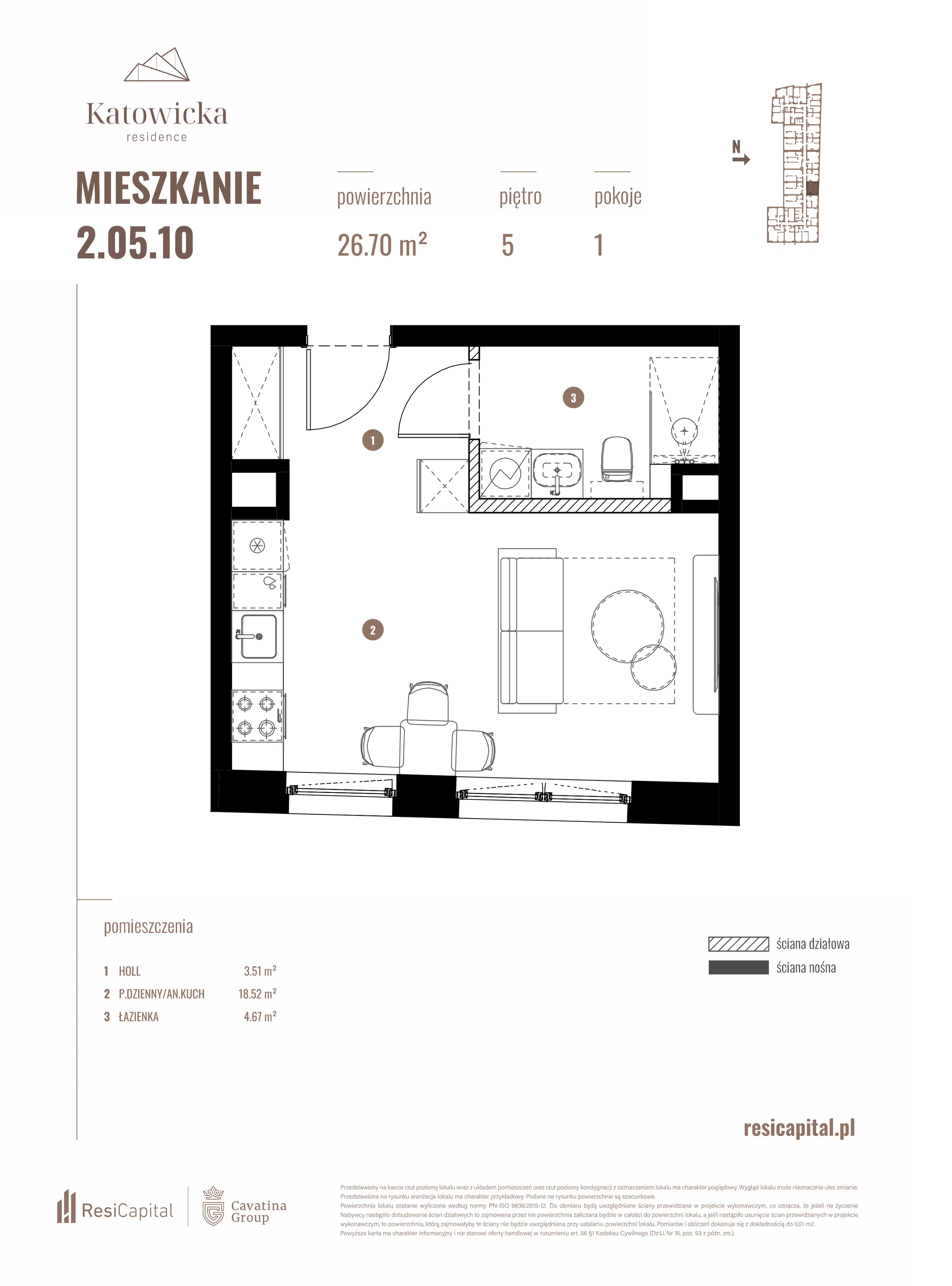 1 pokój, apartament 26,70 m², piętro 5, oferta nr 2.05.10., Katowicka Residence, Katowice, Bogucice, ul. Katowicka