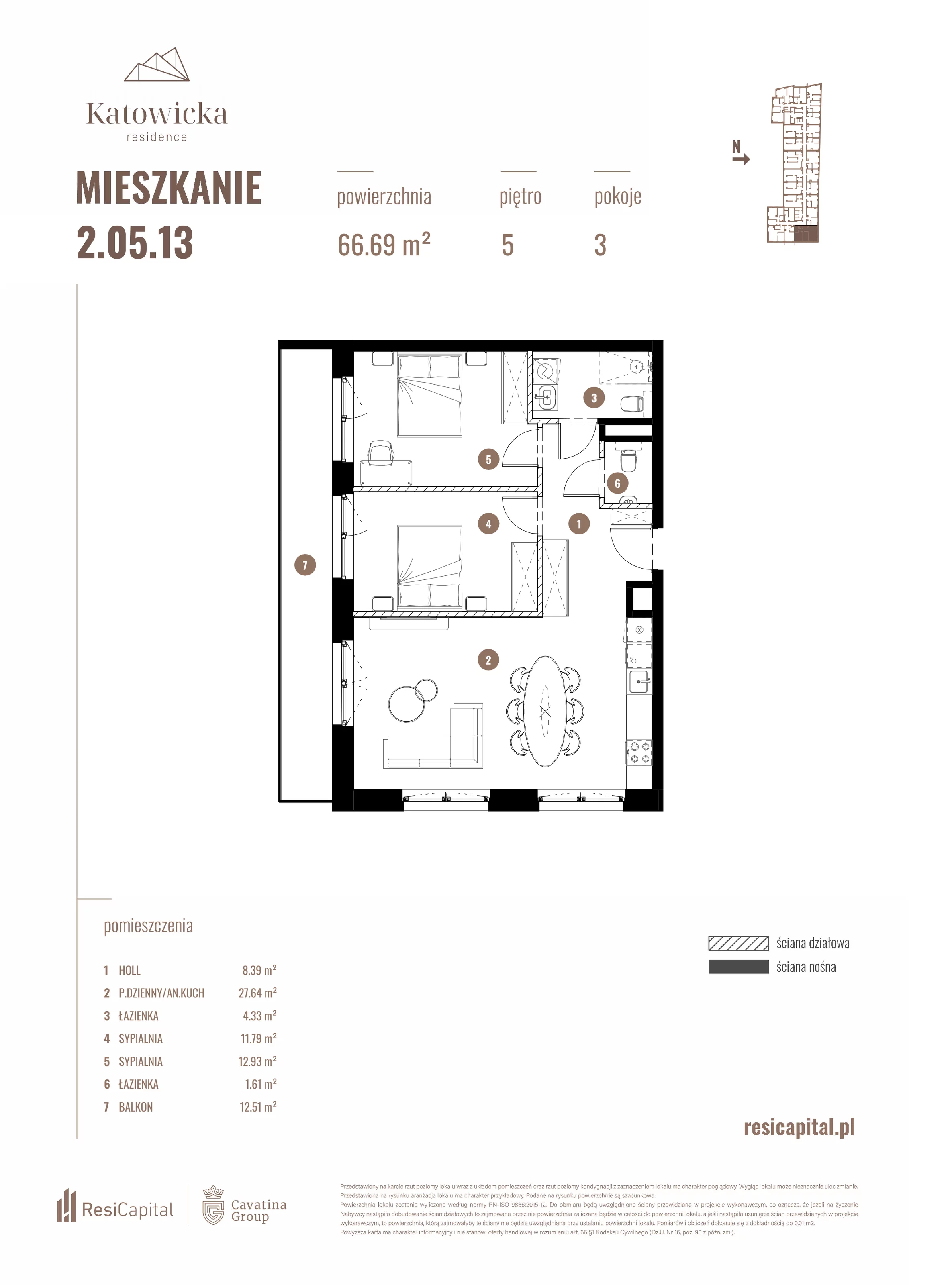 3 pokoje, apartament 66,69 m², piętro 5, oferta nr 2.05.13., Katowicka Residence, Katowice, Bogucice, ul. Katowicka