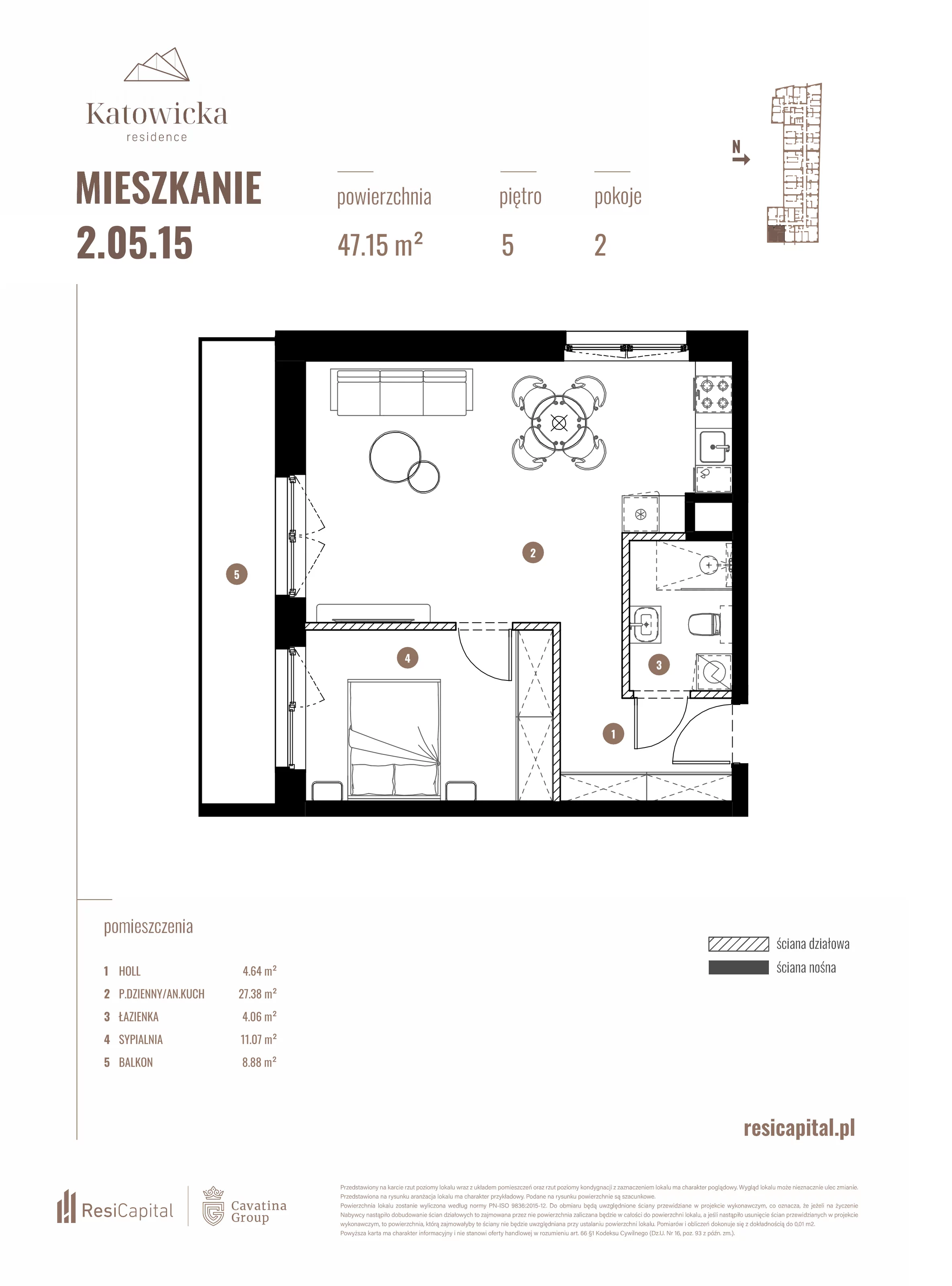 2 pokoje, apartament 47,15 m², piętro 5, oferta nr 2.05.15., Katowicka Residence, Katowice, Bogucice, ul. Katowicka