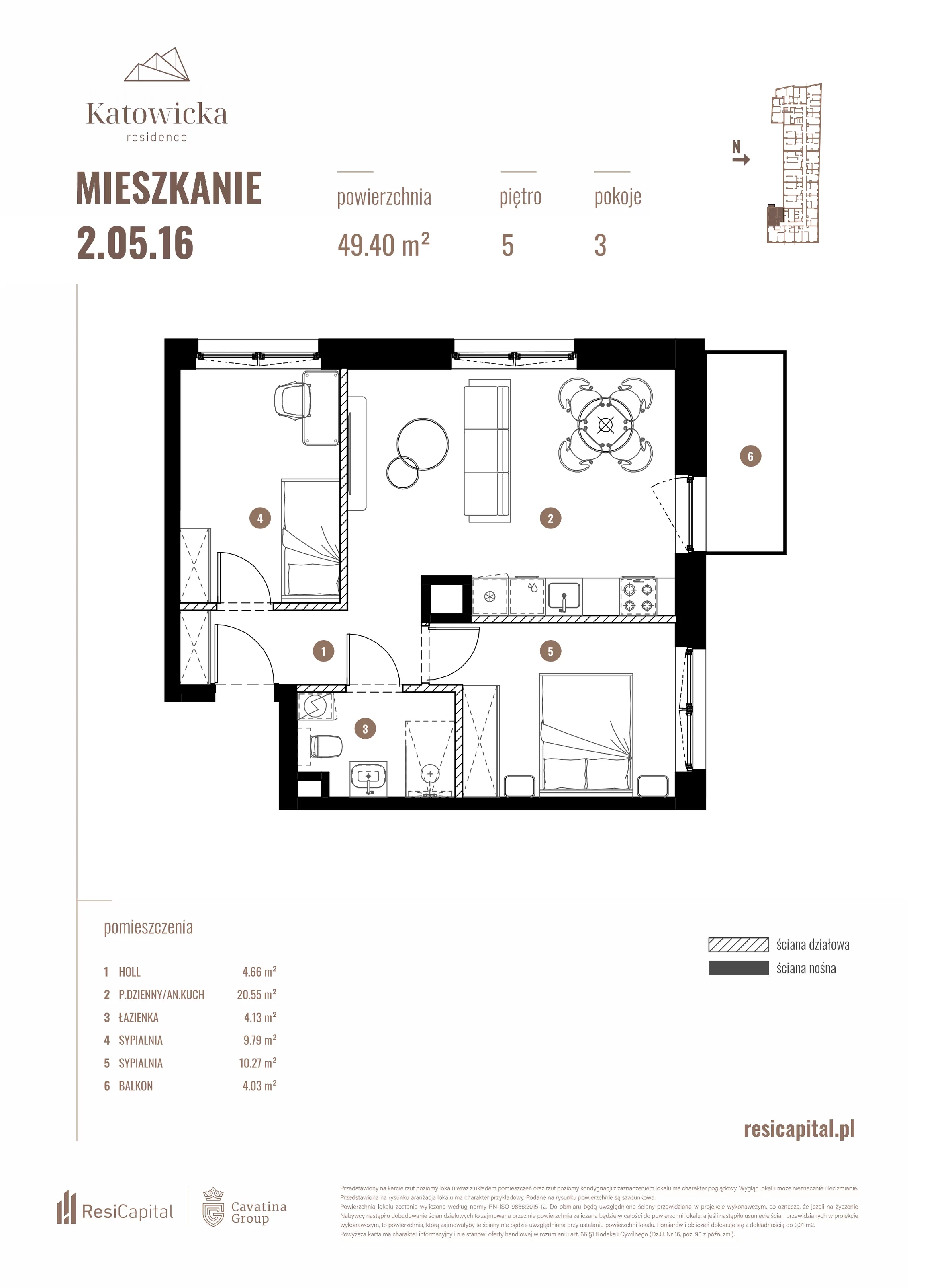 3 pokoje, apartament 49,40 m², piętro 5, oferta nr 2.05.16., Katowicka Residence, Katowice, Bogucice, ul. Katowicka