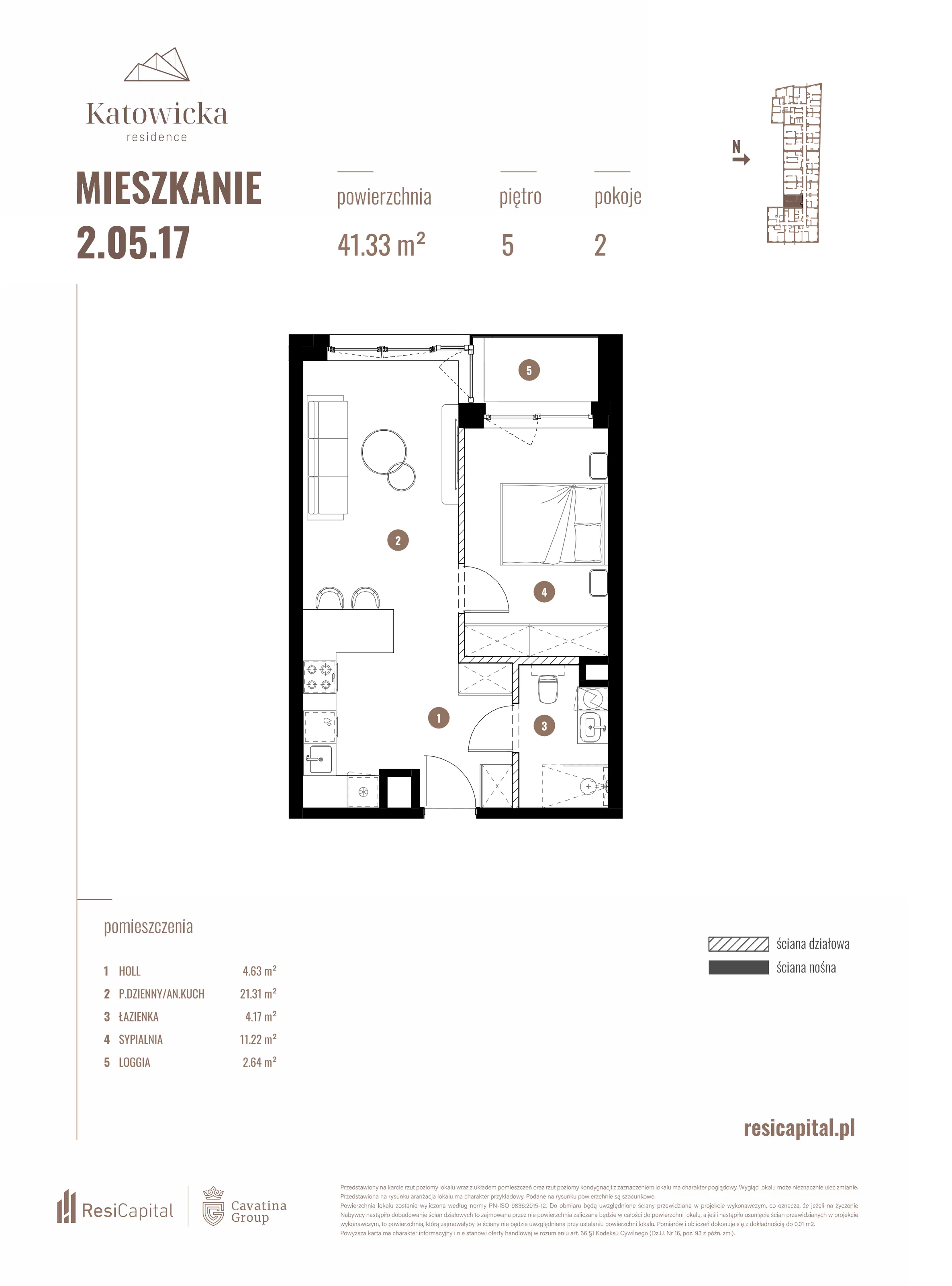 2 pokoje, apartament 41,33 m², piętro 5, oferta nr 2.05.17., Katowicka Residence, Katowice, Bogucice, ul. Katowicka