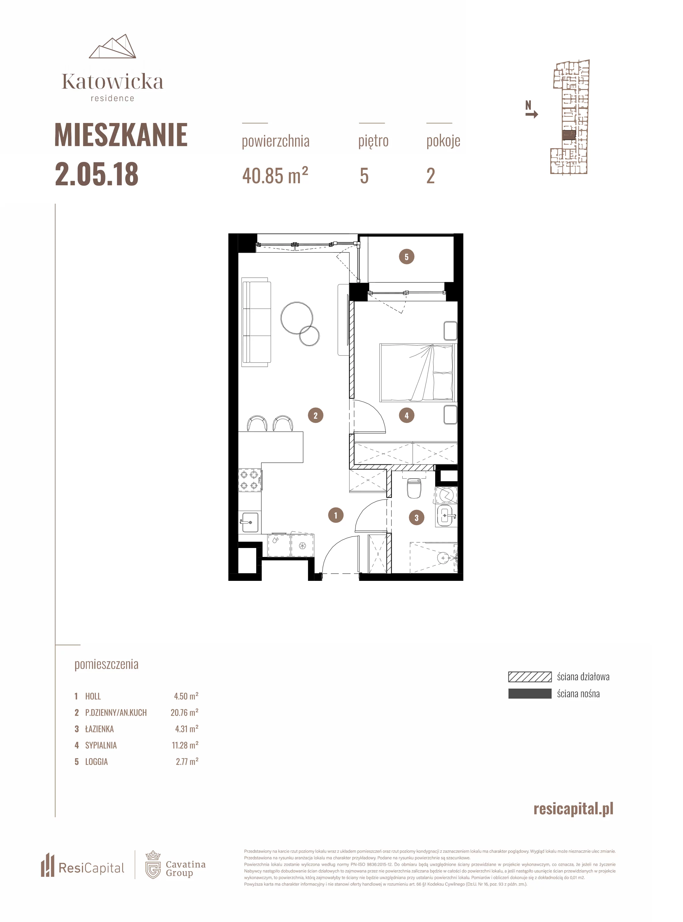 2 pokoje, apartament 40,85 m², piętro 5, oferta nr 2.05.18., Katowicka Residence, Katowice, Bogucice, ul. Katowicka