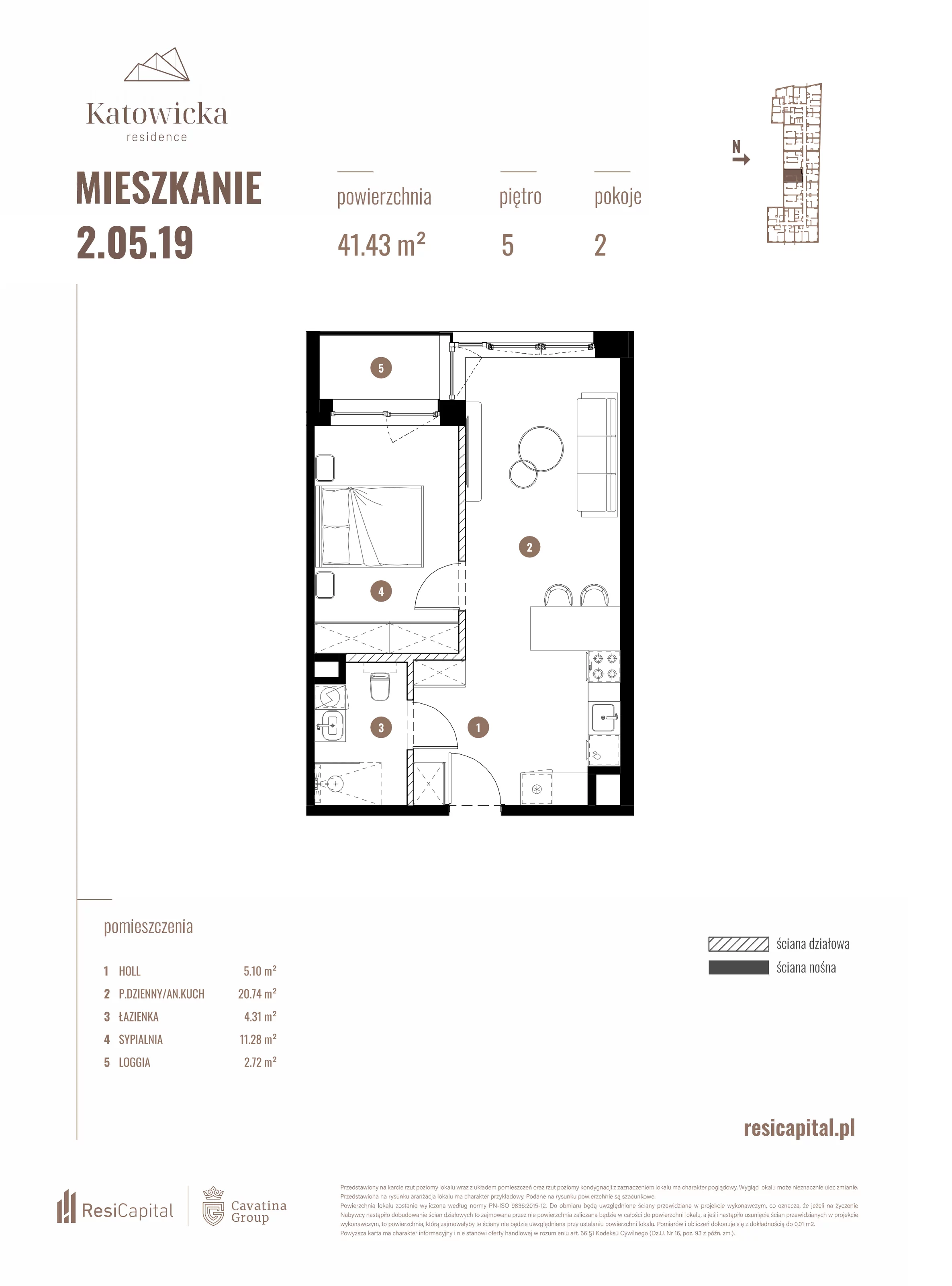 2 pokoje, apartament 41,43 m², piętro 5, oferta nr 2.05.19., Katowicka Residence, Katowice, Bogucice, ul. Katowicka