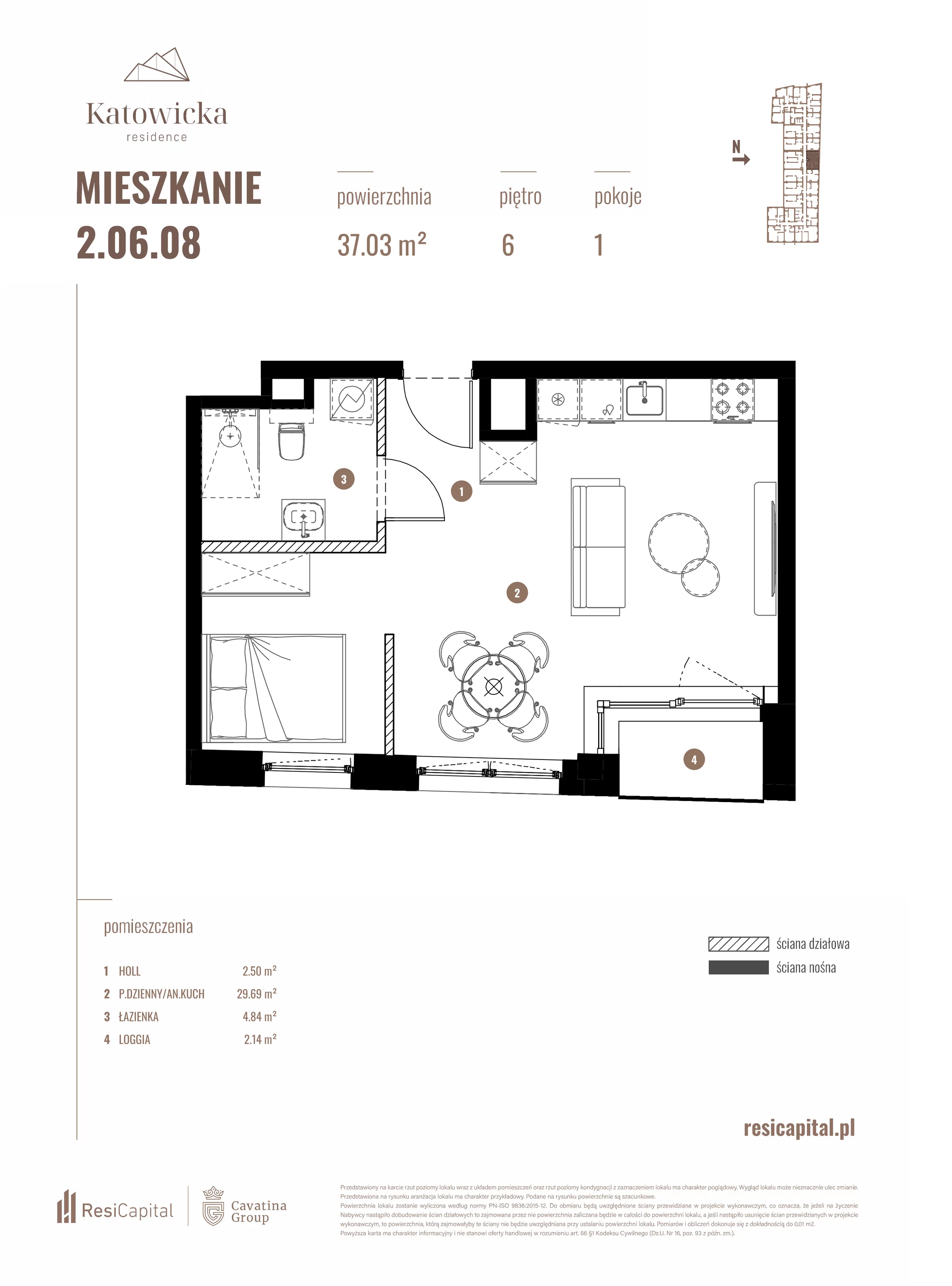 1 pokój, apartament 37,03 m², piętro 6, oferta nr 2.06.08., Katowicka Residence, Katowice, Bogucice, ul. Katowicka