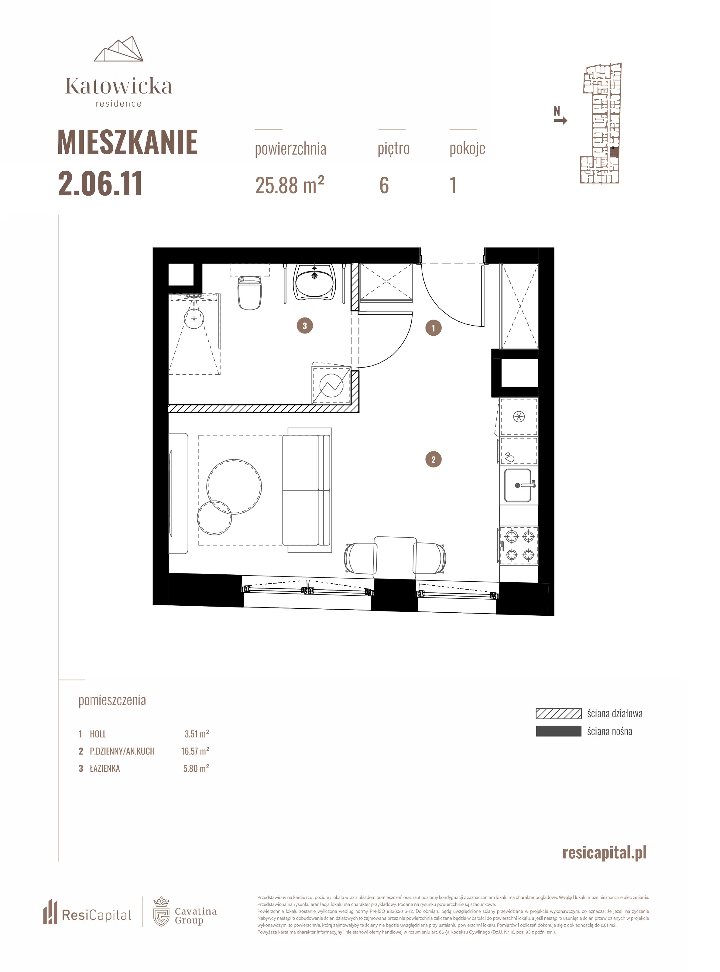 1 pokój, apartament 25,88 m², piętro 6, oferta nr 2.06.11., Katowicka Residence, Katowice, Bogucice, ul. Katowicka