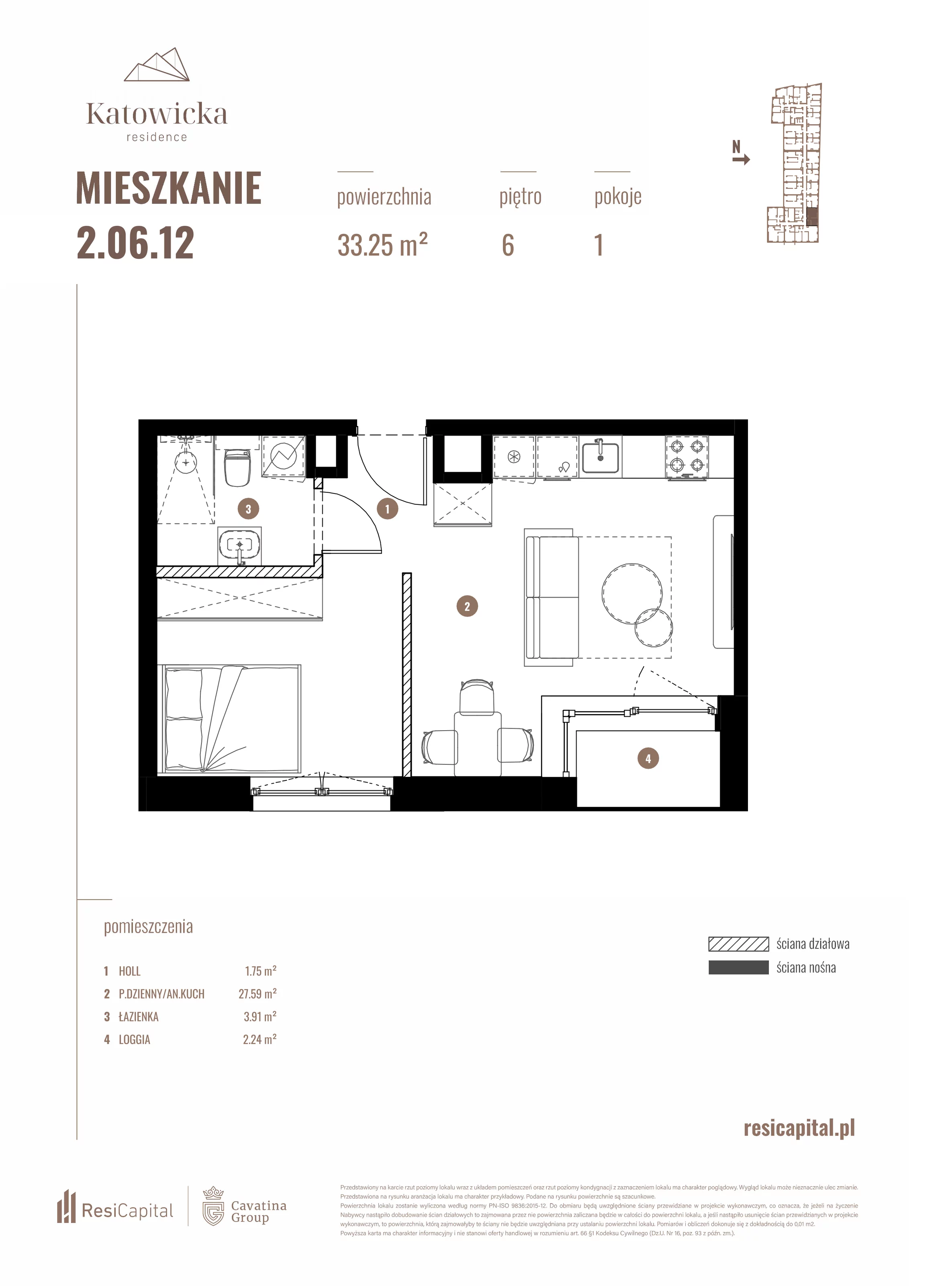 1 pokój, apartament 33,25 m², piętro 6, oferta nr 2.06.12., Katowicka Residence, Katowice, Bogucice, ul. Katowicka