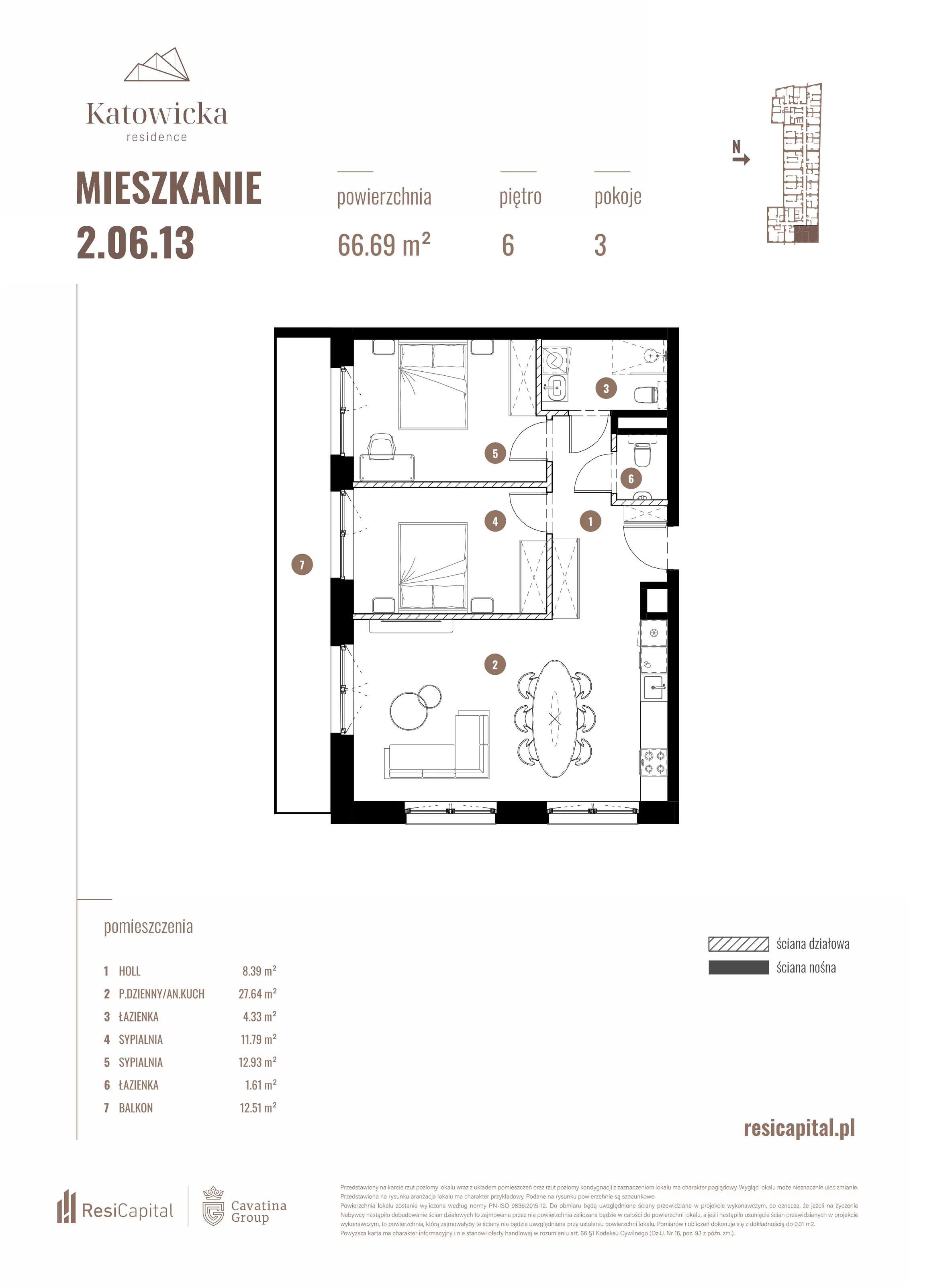 3 pokoje, apartament 66,69 m², piętro 6, oferta nr 2.06.13., Katowicka Residence, Katowice, Bogucice, ul. Katowicka