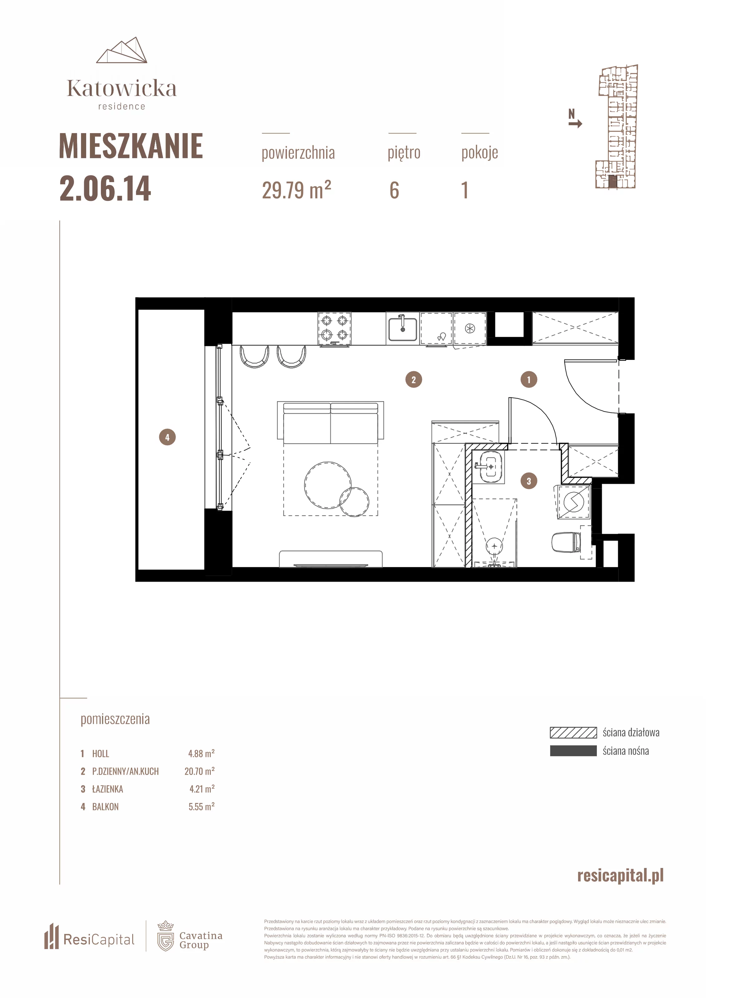 1 pokój, apartament 29,79 m², piętro 6, oferta nr 2.06.14., Katowicka Residence, Katowice, Bogucice, ul. Katowicka