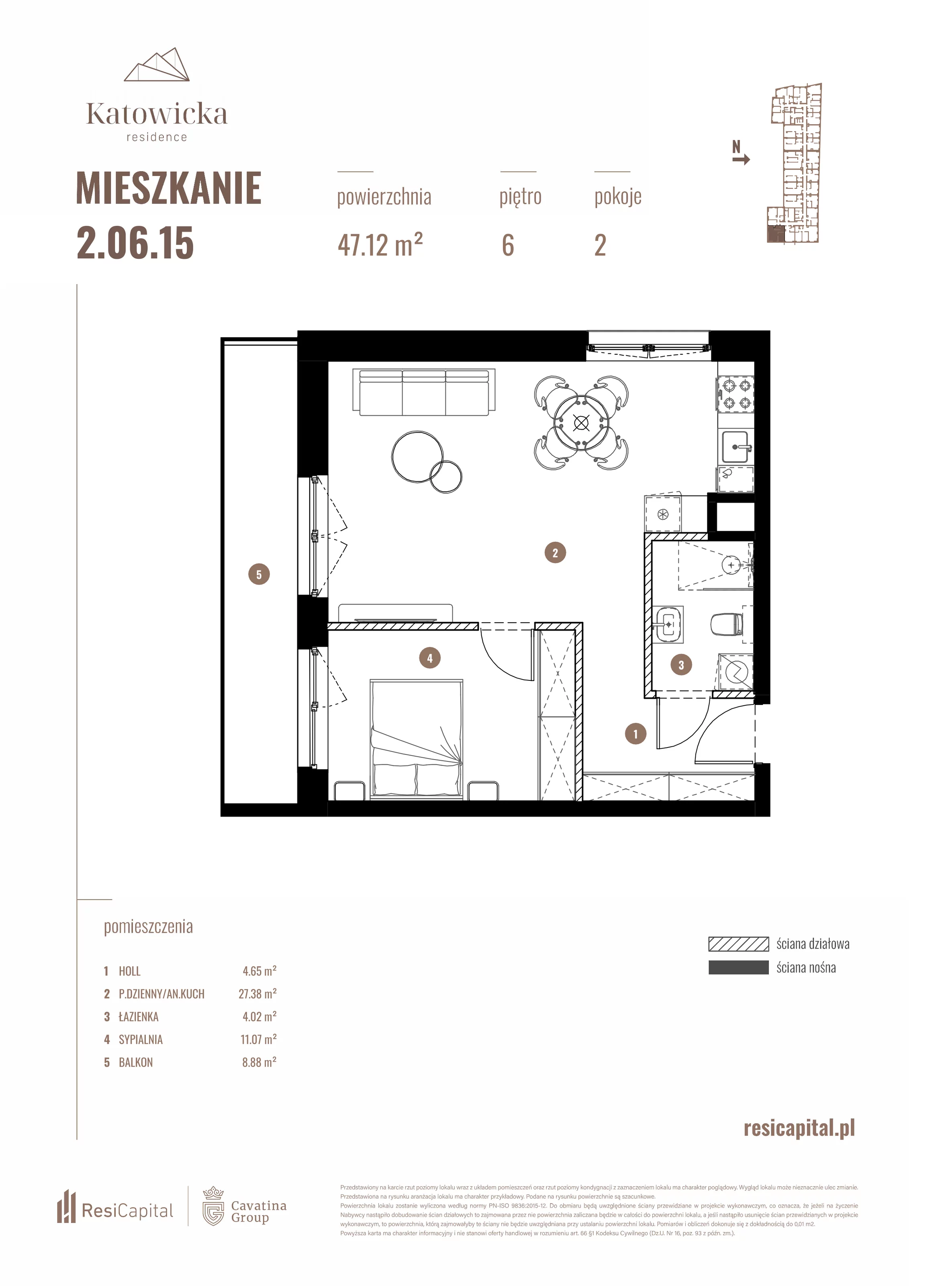 2 pokoje, apartament 47,12 m², piętro 6, oferta nr 2.06.15., Katowicka Residence, Katowice, Bogucice, ul. Katowicka