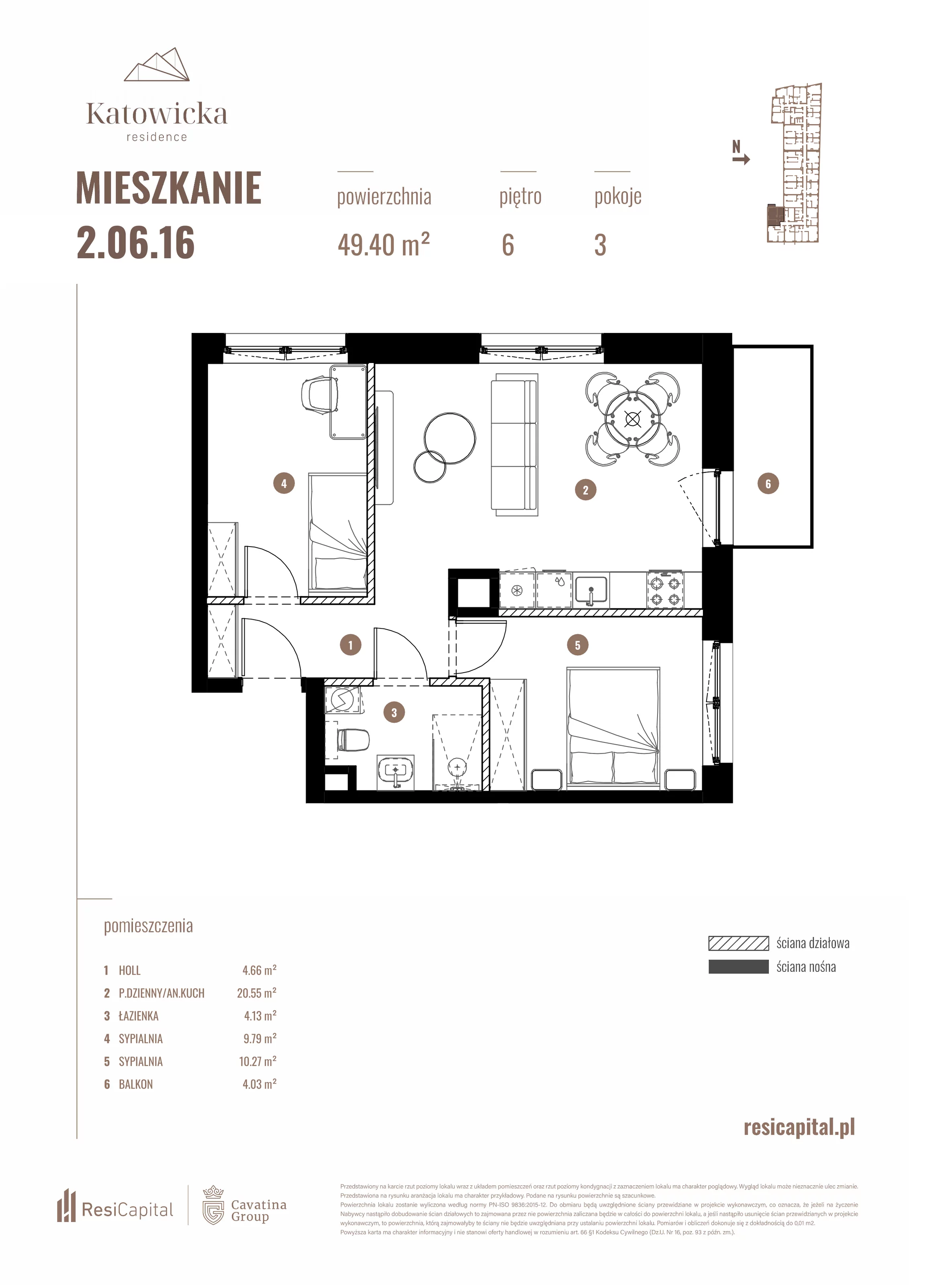 3 pokoje, apartament 49,40 m², piętro 6, oferta nr 2.06.16., Katowicka Residence, Katowice, Bogucice, ul. Katowicka
