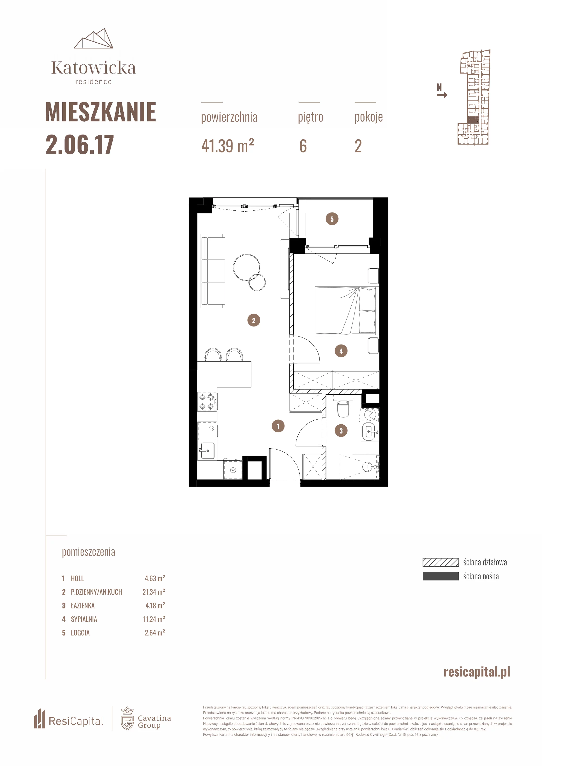 2 pokoje, apartament 41,39 m², piętro 6, oferta nr 2.06.17., Katowicka Residence, Katowice, Bogucice, ul. Katowicka