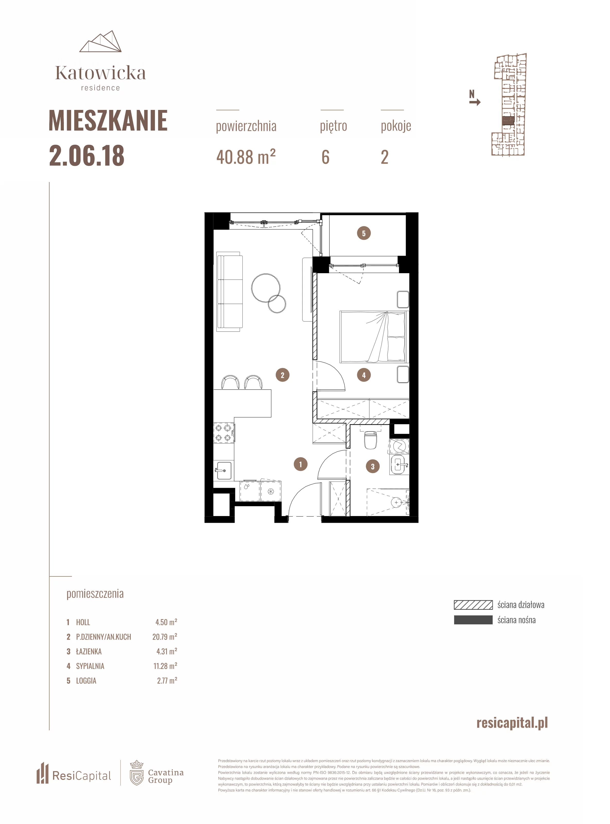 2 pokoje, apartament 40,88 m², piętro 6, oferta nr 2.06.18., Katowicka Residence, Katowice, Bogucice, ul. Katowicka