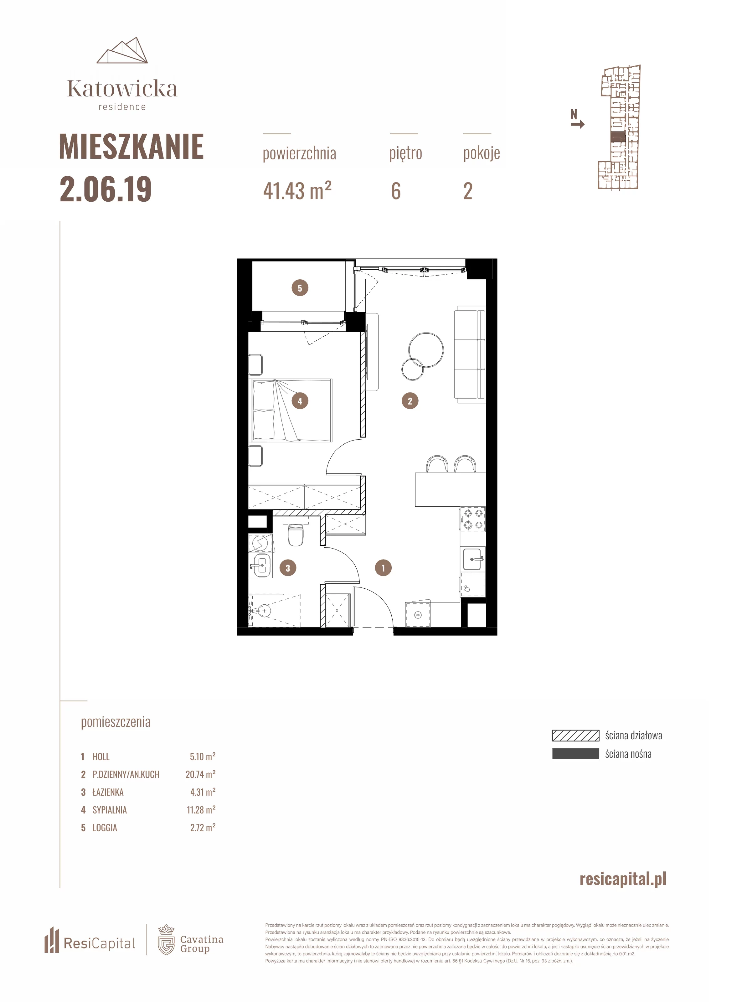 2 pokoje, apartament 41,43 m², piętro 6, oferta nr 2.06.19., Katowicka Residence, Katowice, Bogucice, ul. Katowicka