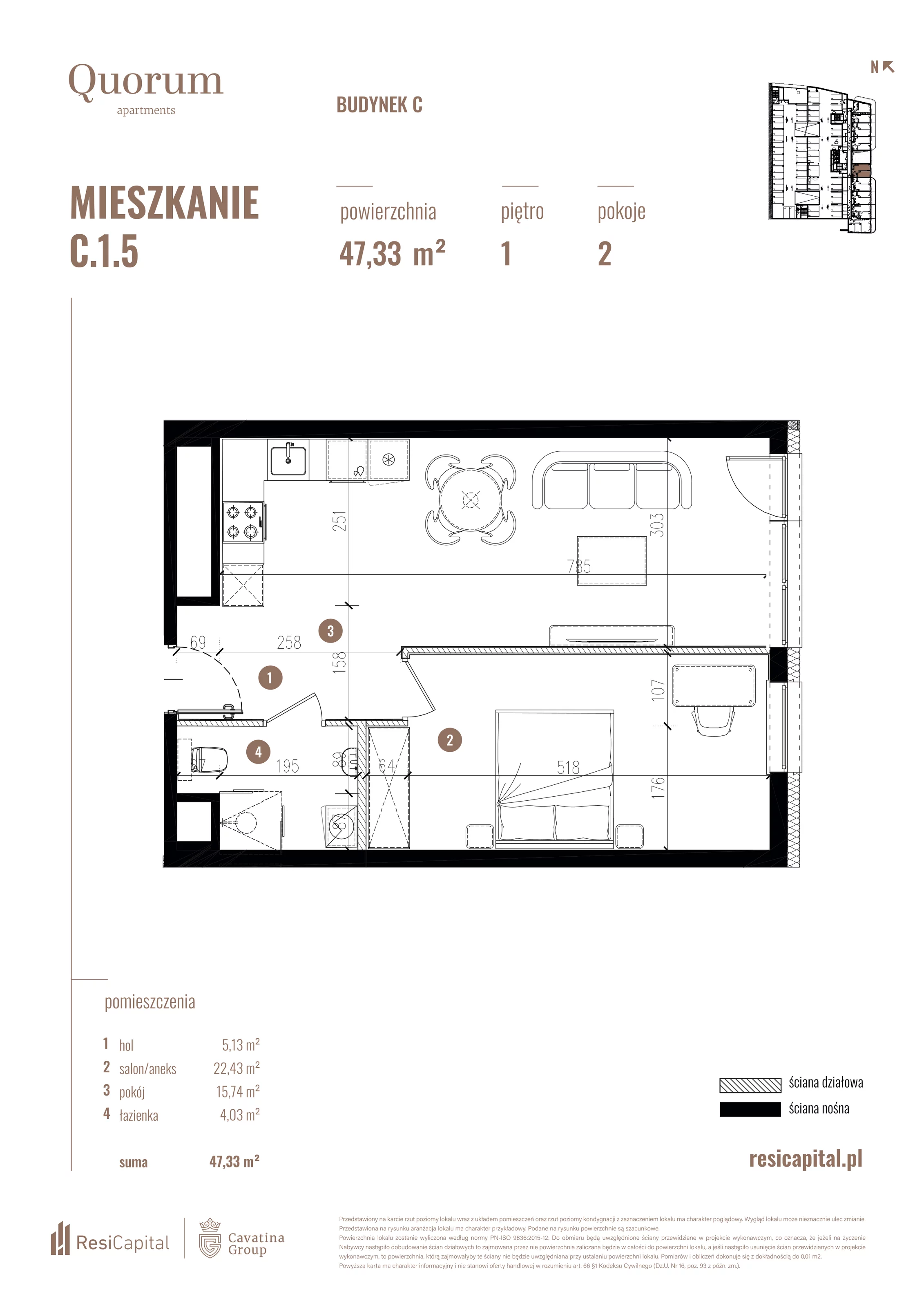 Mieszkanie 47,33 m², piętro 1, oferta nr C.1.5, Quorum Apartments, Wrocław, Szczepin, ul. Gen. Władysława Sikorskiego 13