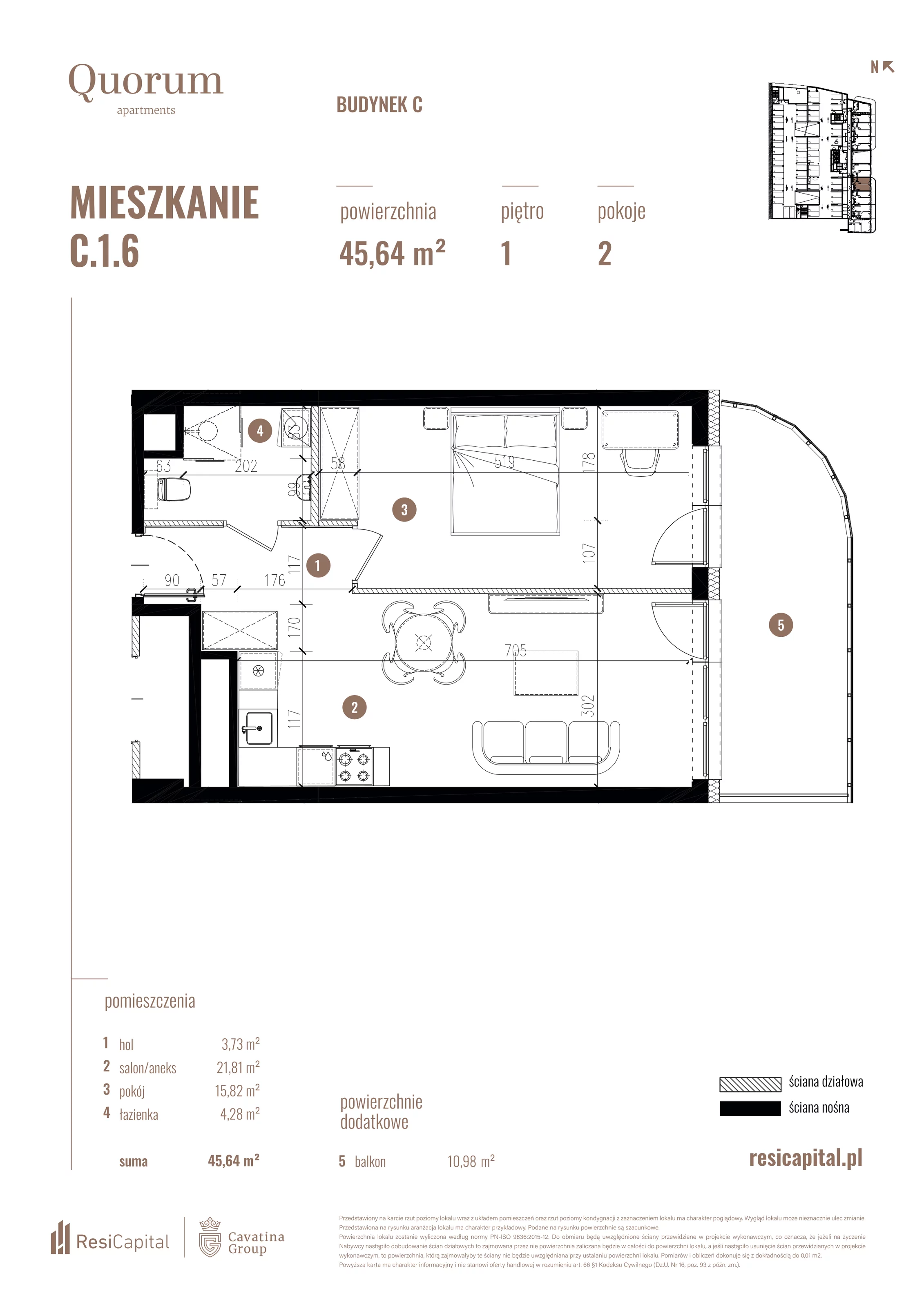 Mieszkanie 45,64 m², piętro 1, oferta nr C.1.6, Quorum Apartments, Wrocław, Szczepin, ul. Gen. Władysława Sikorskiego 13