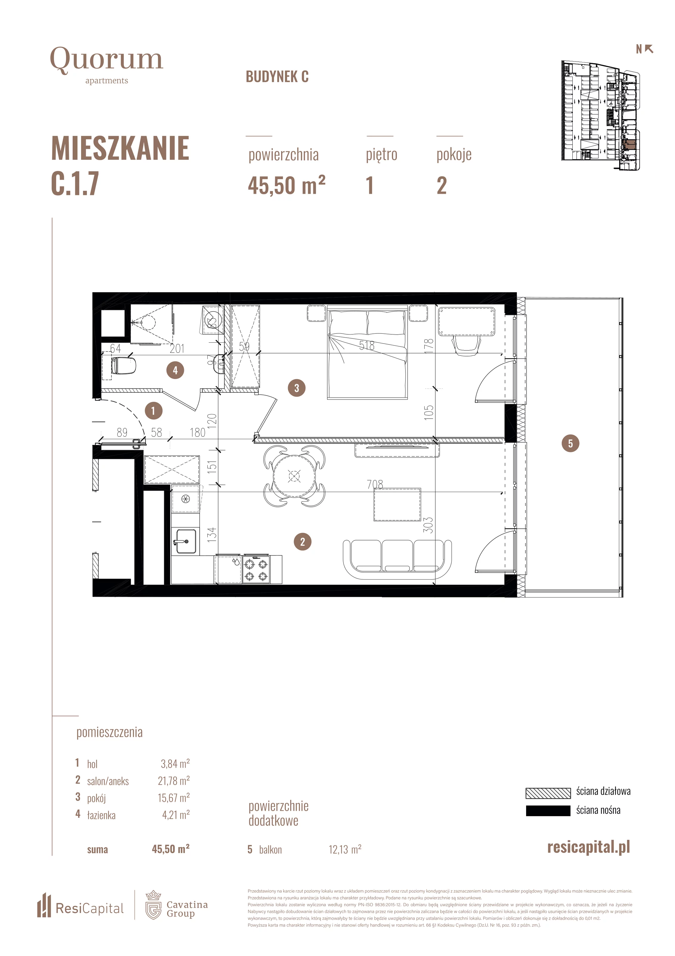 Mieszkanie 45,50 m², piętro 1, oferta nr C.1.7, Quorum Apartments, Wrocław, Szczepin, ul. Gen. Władysława Sikorskiego 13