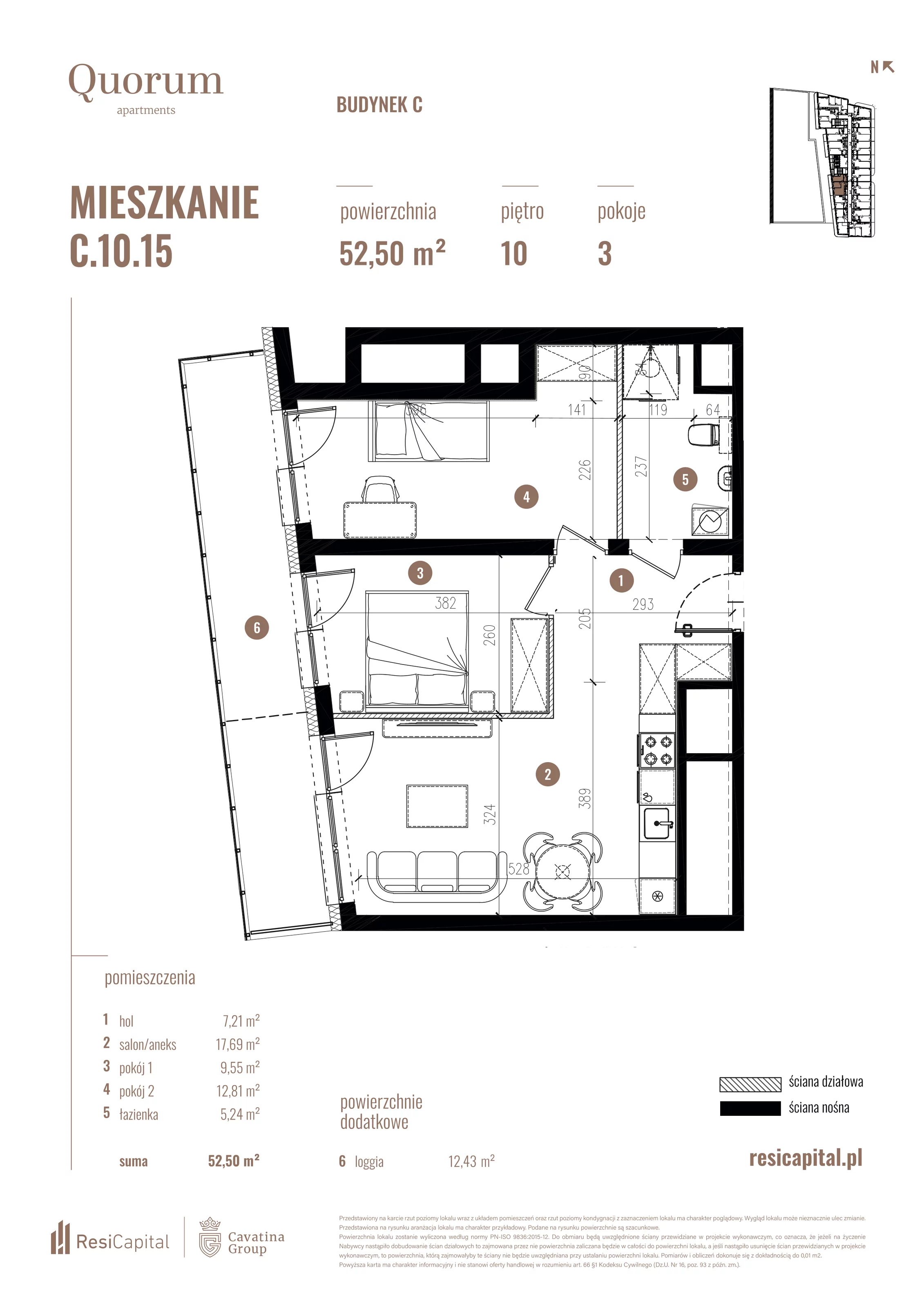 3 pokoje, mieszkanie 52,50 m², piętro 10, oferta nr C.10.15, Quorum Apartments, Wrocław, Szczepin, ul. Gen. Władysława Sikorskiego 13