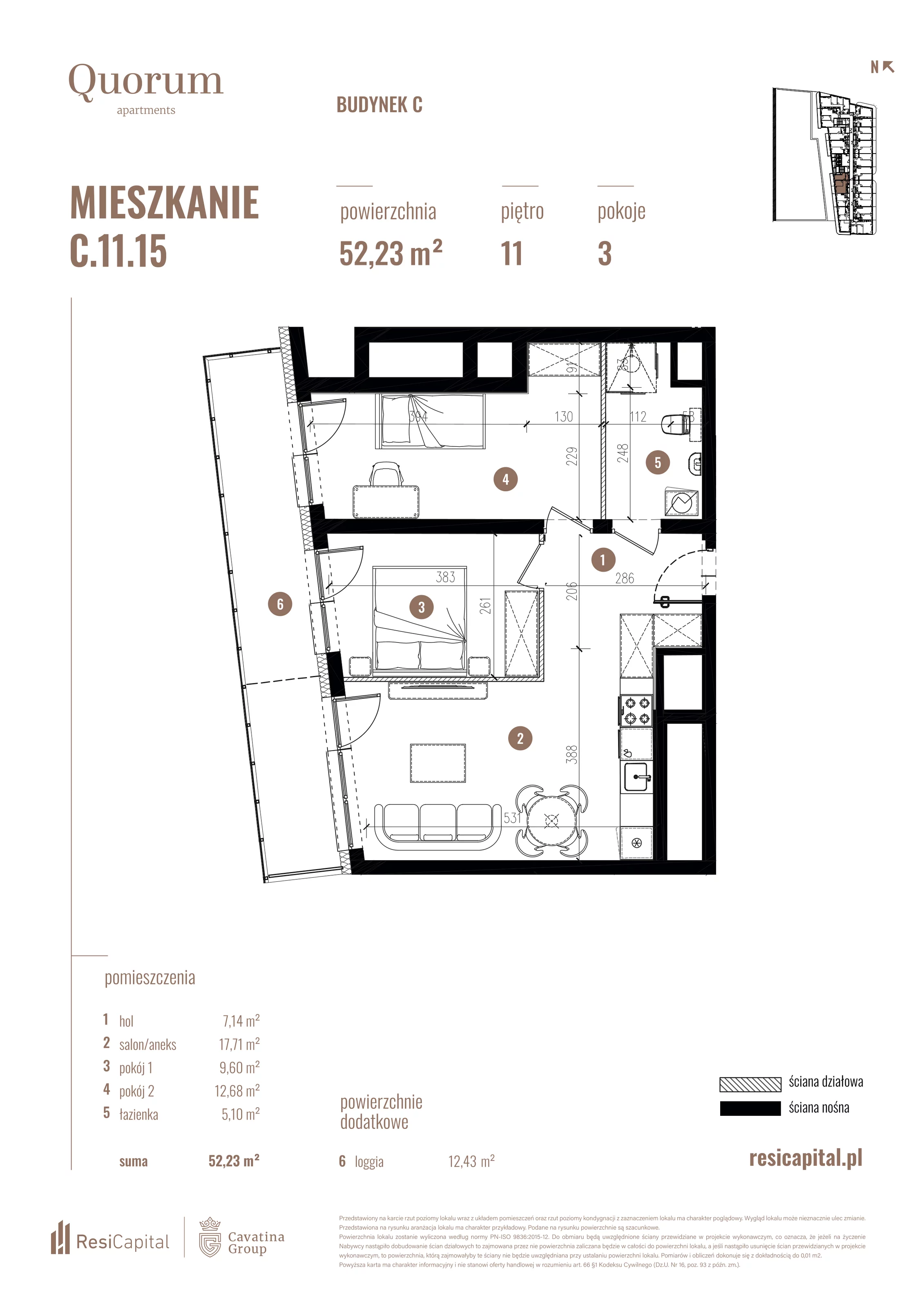 3 pokoje, mieszkanie 52,23 m², piętro 11, oferta nr C.11.15, Quorum Apartments, Wrocław, Szczepin, ul. Gen. Władysława Sikorskiego 13